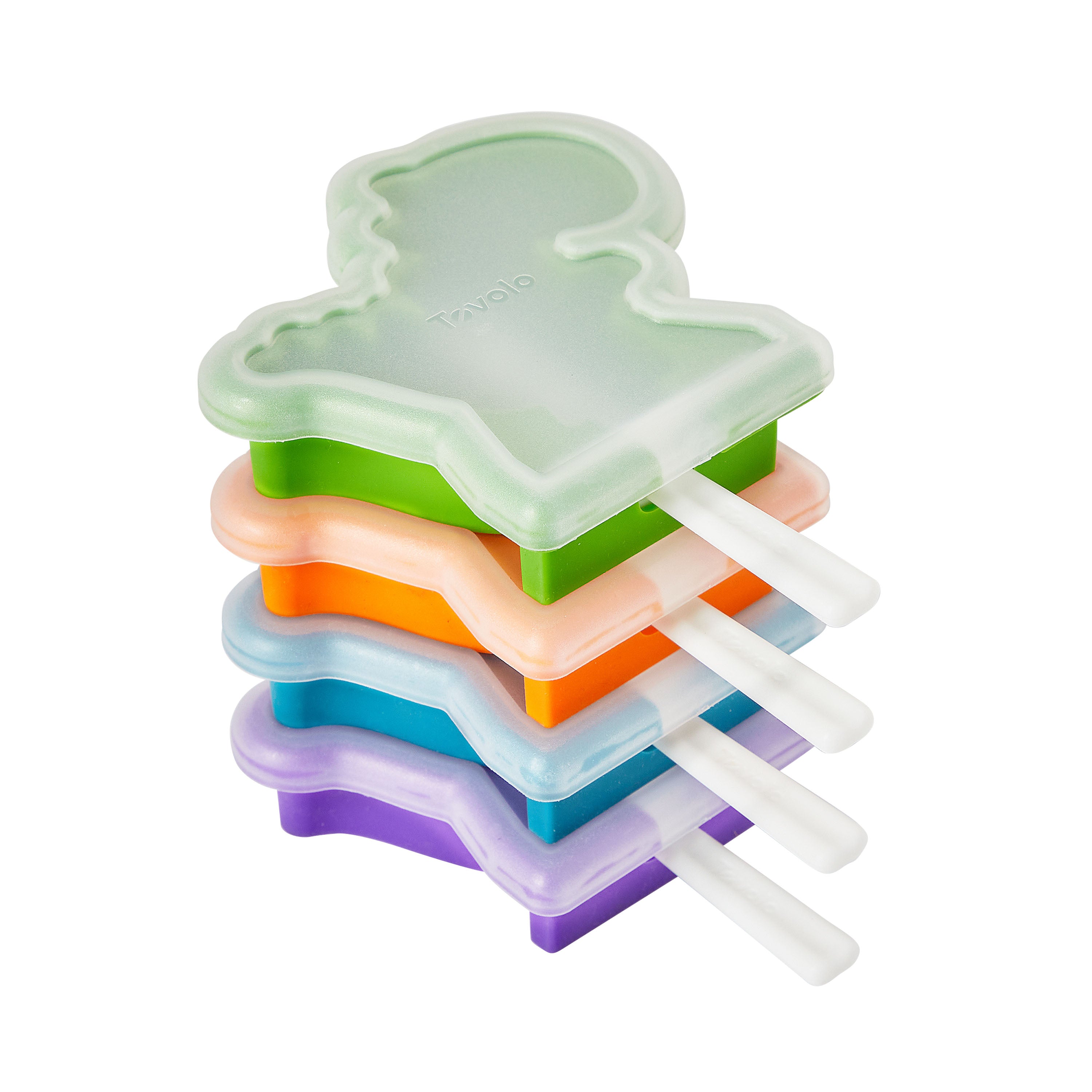 The Pop Molds Stackable features five vibrant dinosaur-shaped silicone molds in green, orange, peach, blue, and purple, each with a white stick—perfect for making creative frozen treats and saving space when stacked.