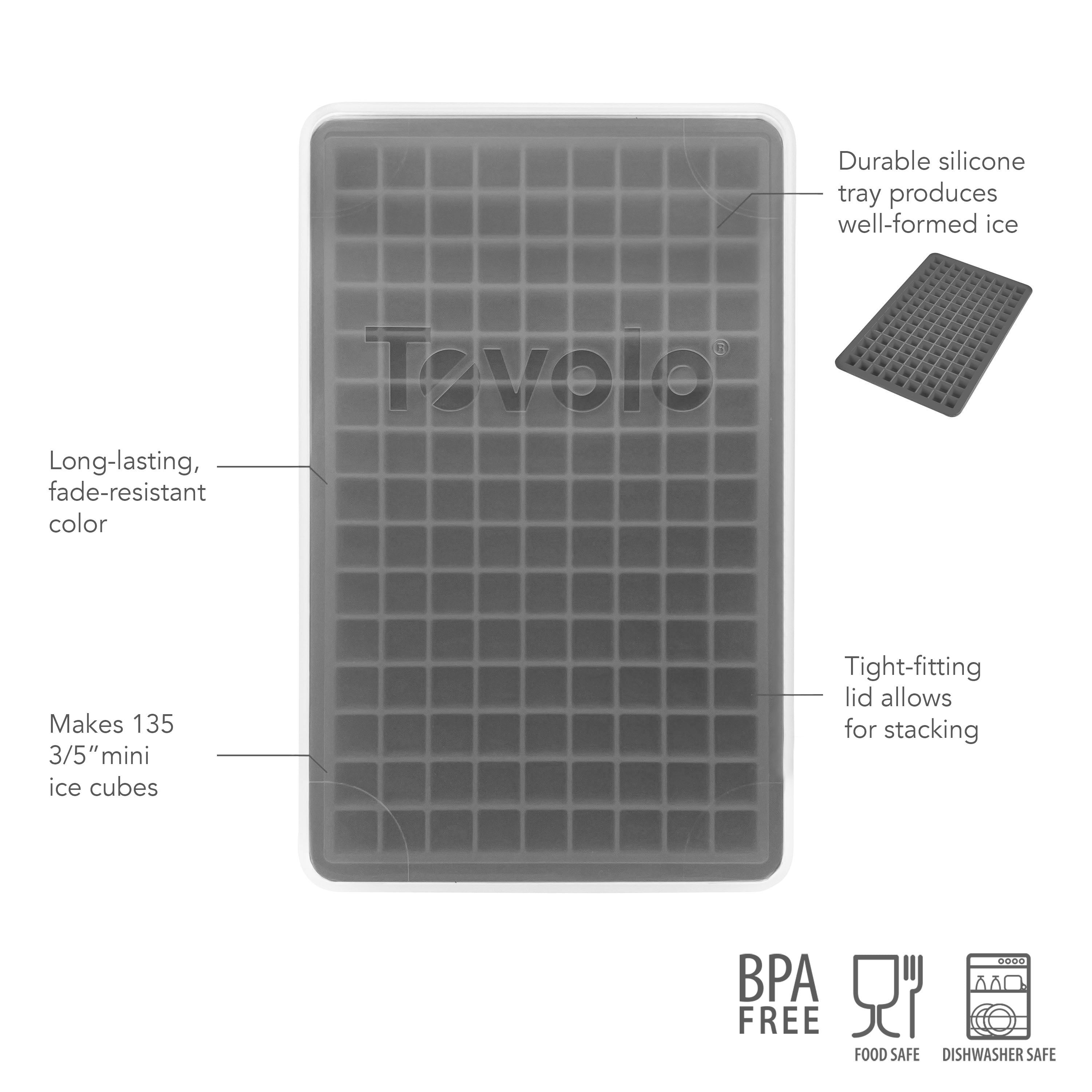 The Mini Ice Mold is a gray silicone tray with 135 small square slots for quick chilling. It features a tight lid, durable and fade-resistant build, plus BPA-free, food-safe, dishwasher-safe icons on the bottom.