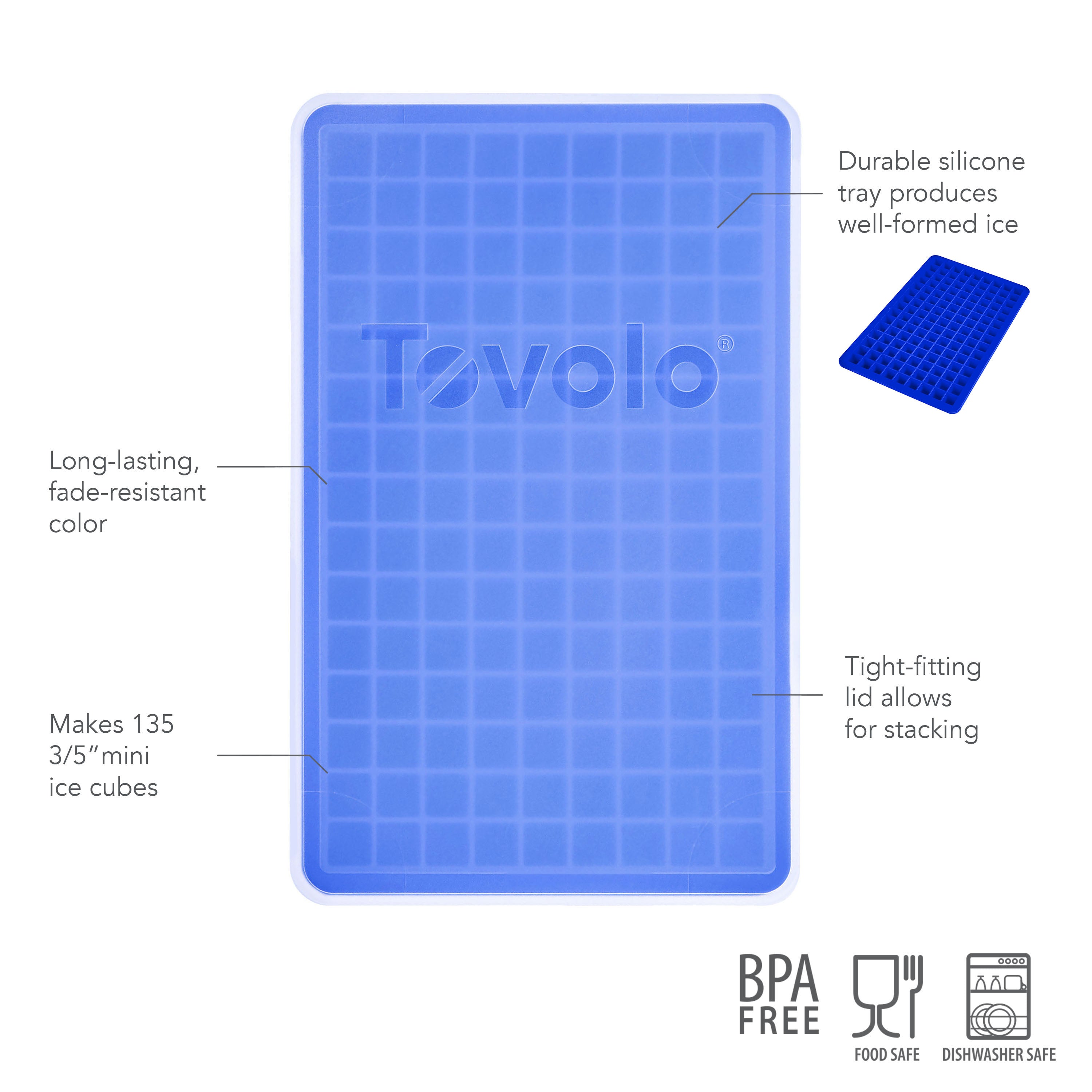 The Mini Ice Mold is a blue rectangular tray with 135 small square compartments. Made from BPA-free, food-safe silicone, it features a tight-fitting lid, durable and long-lasting color, and is dishwasher safe for easy cleaning.