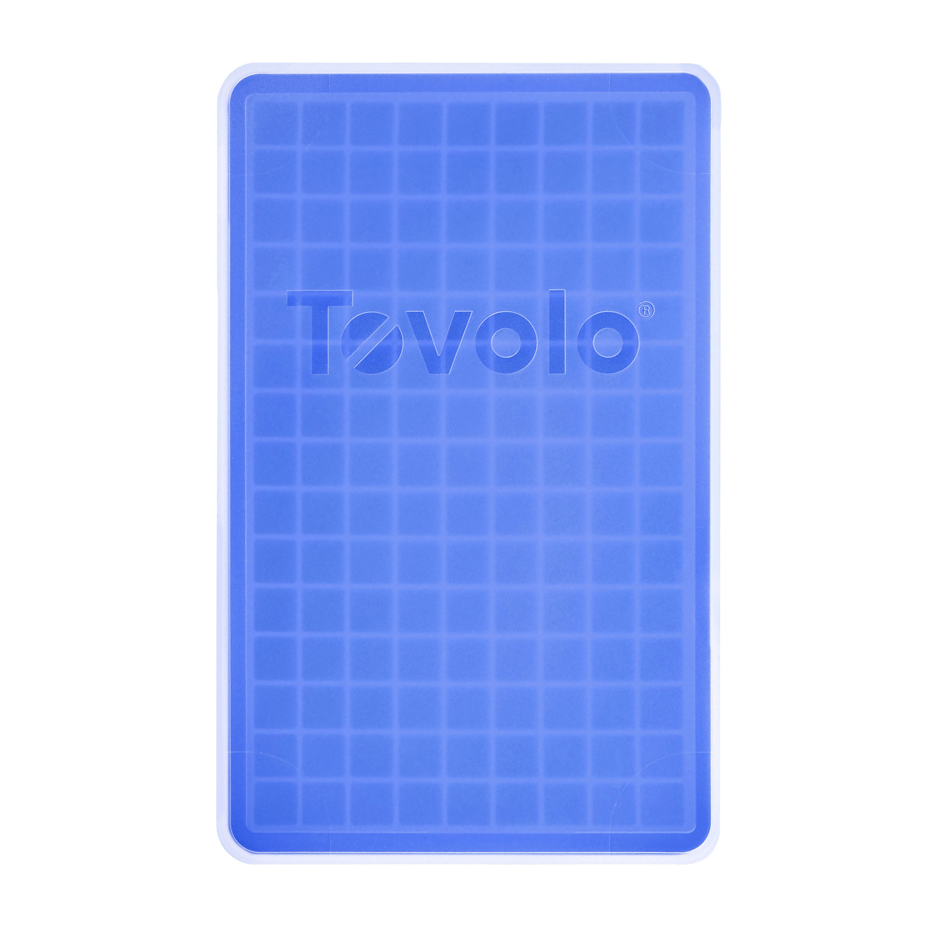 The Mini Ice Mold is a rectangular blue silicone tray with a grid pattern that forms slightly rounded, translucent mini ice cubes—ideal for quickly chilling drinks. The Tovolo brand name is embossed on its surface.
