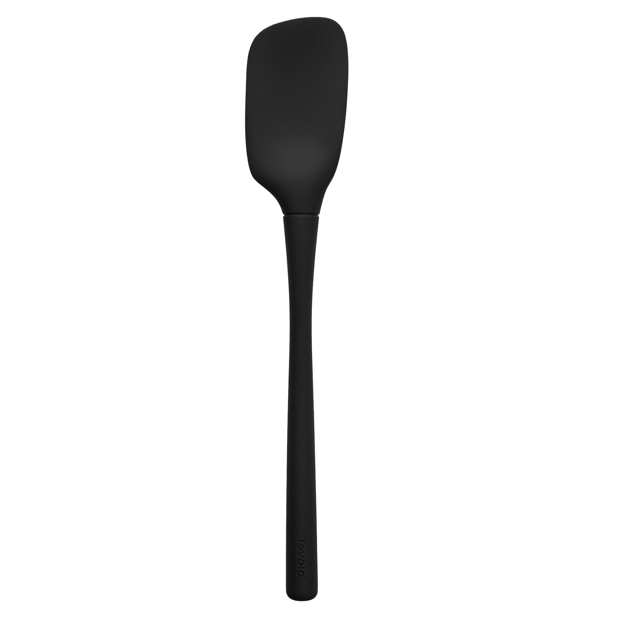 The Flex-Core Spoonula is an ergonomic black silicone kitchen tool with a long handle and flat, rounded blade, shown against a white background.