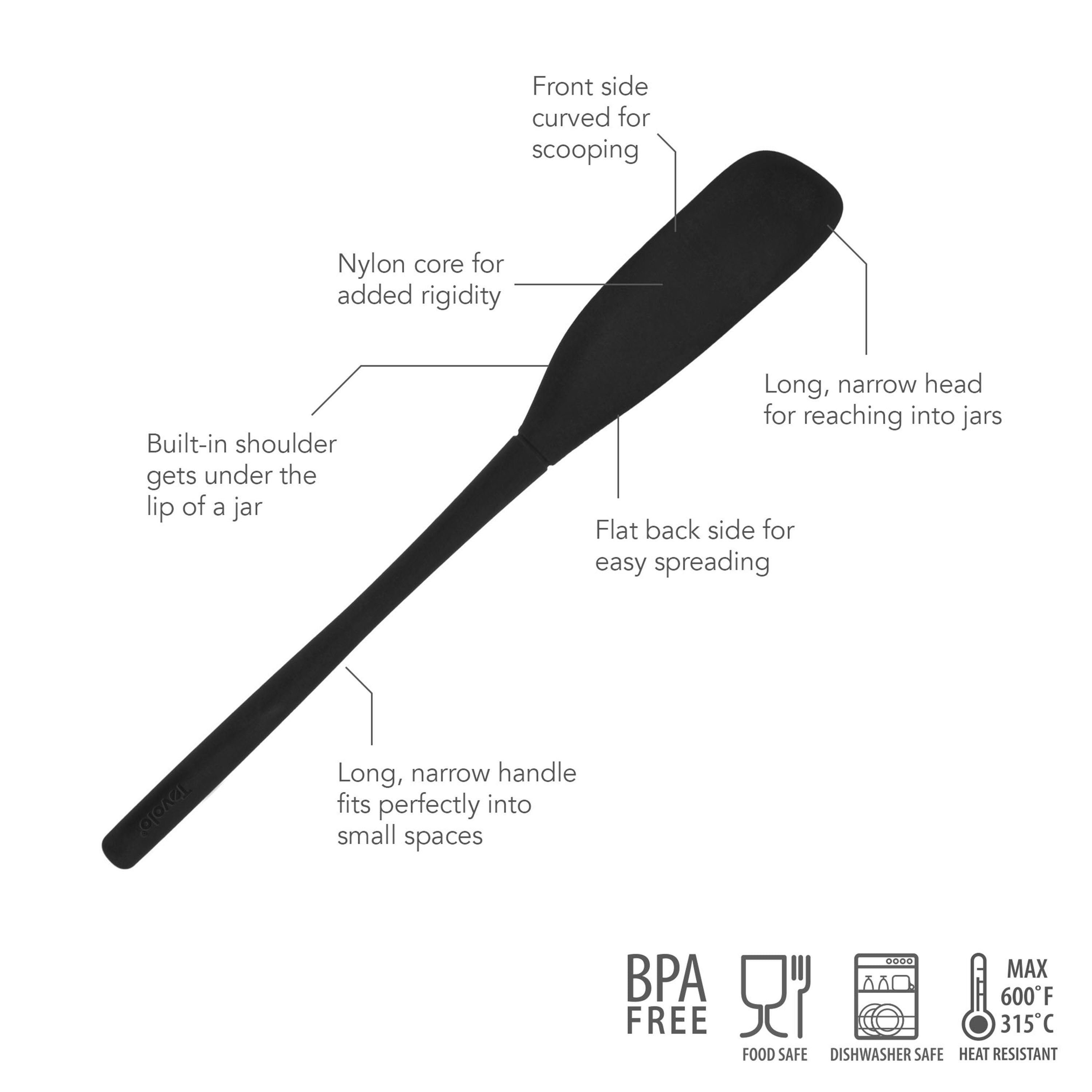 The Flex-Core Jar Scraper is a black silicone spatula with a long, narrow head for jars, a curved front for scooping, flat back for spreading, built-in shoulder, nylon core, and long handle—perfect for scraping every last bit.
