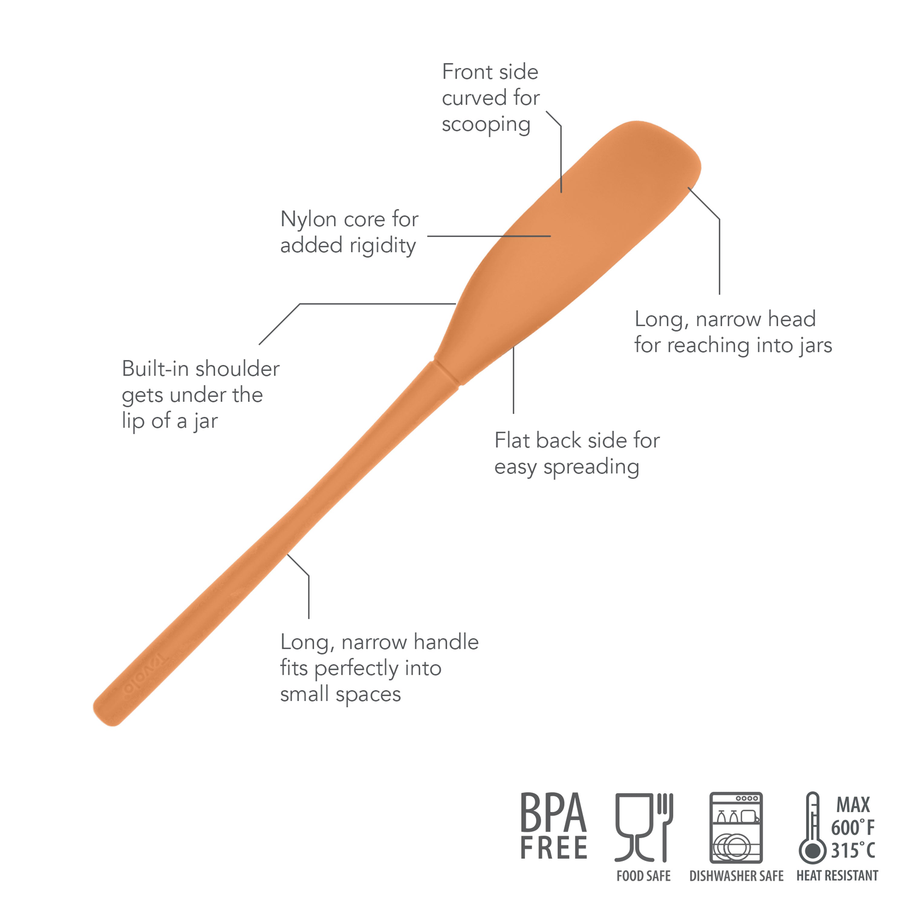 The Flex-Core Jar Scraper is an orange silicone kitchen tool with a curved front, nylon core, built-in shoulder, flat back, long narrow head, and handle. It’s BPA-free, food safe, dishwasher safe, and heat resistant.