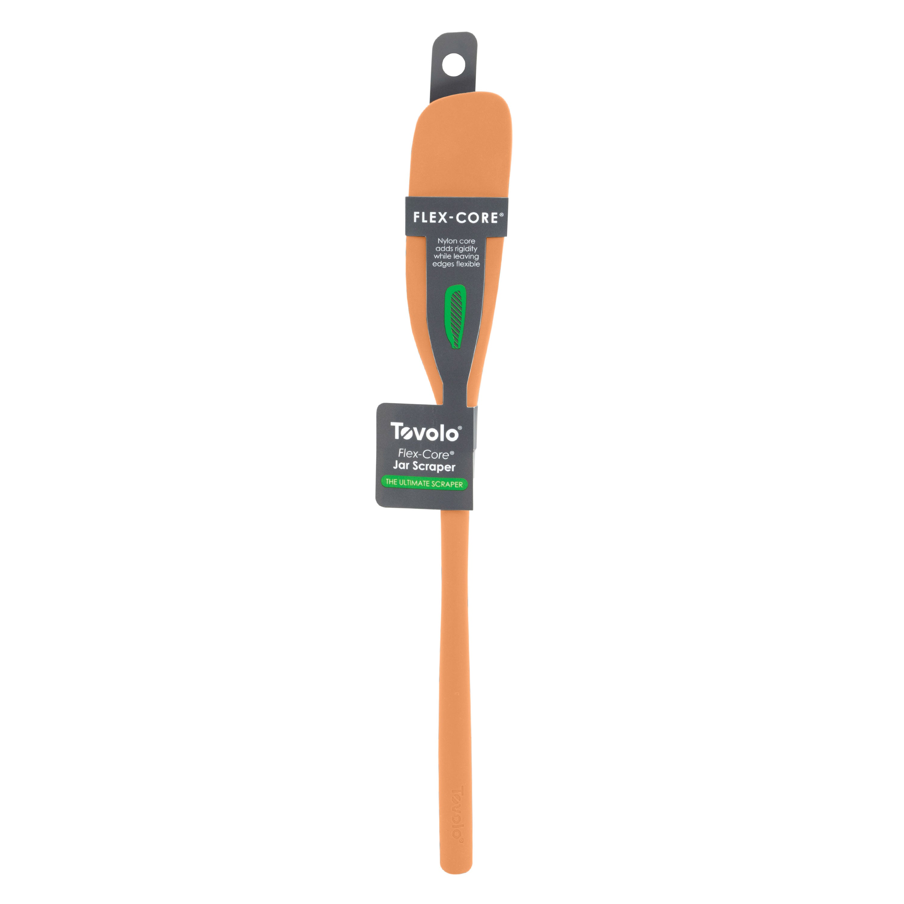 The Flex-Core Jar Scraper is an orange silicone kitchen tool with a long handle and green and black packaging near the top.