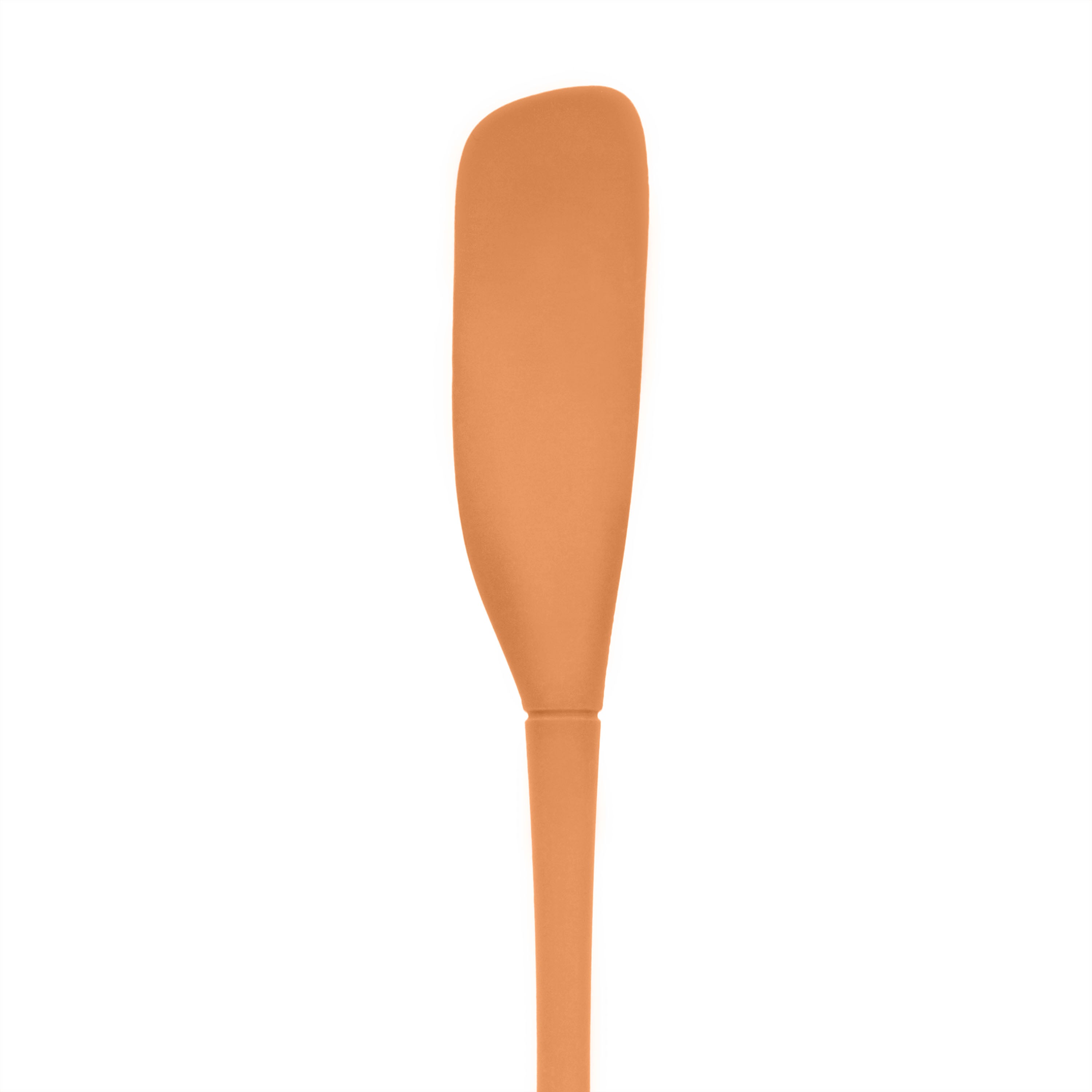The Flex-Core Jar Scraper is a single orange silicone spatula and jar scraper with a long handle and a rounded, flat blade, displayed on a plain white background.