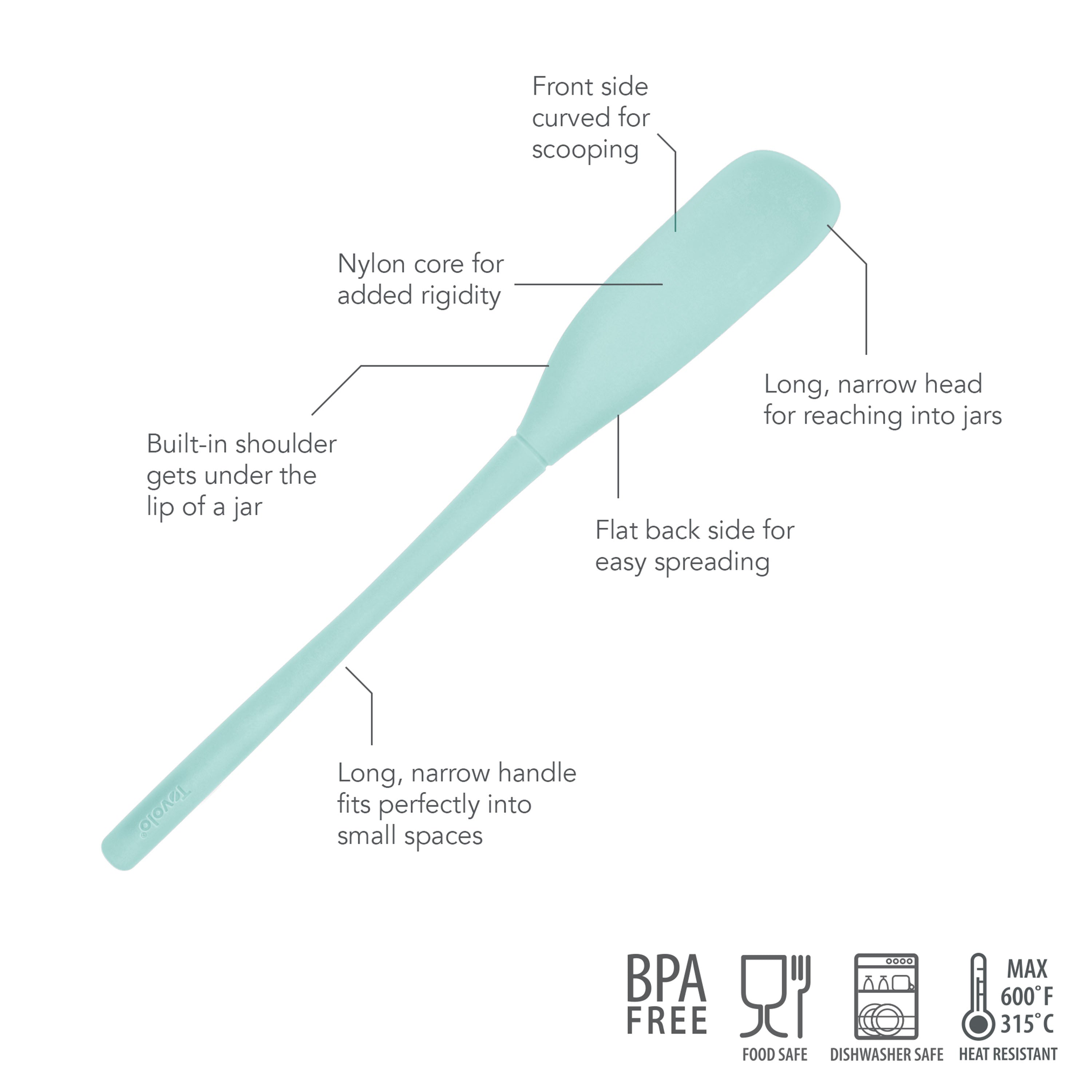 The Flex-Core Jar Scraper is a light blue, BPA-free silicone kitchen tool with a curved front, nylon core, built-in shoulder, flat back, long narrow head for jars, and long handle for tight spaces; food safe, dishwasher and heat resistant.