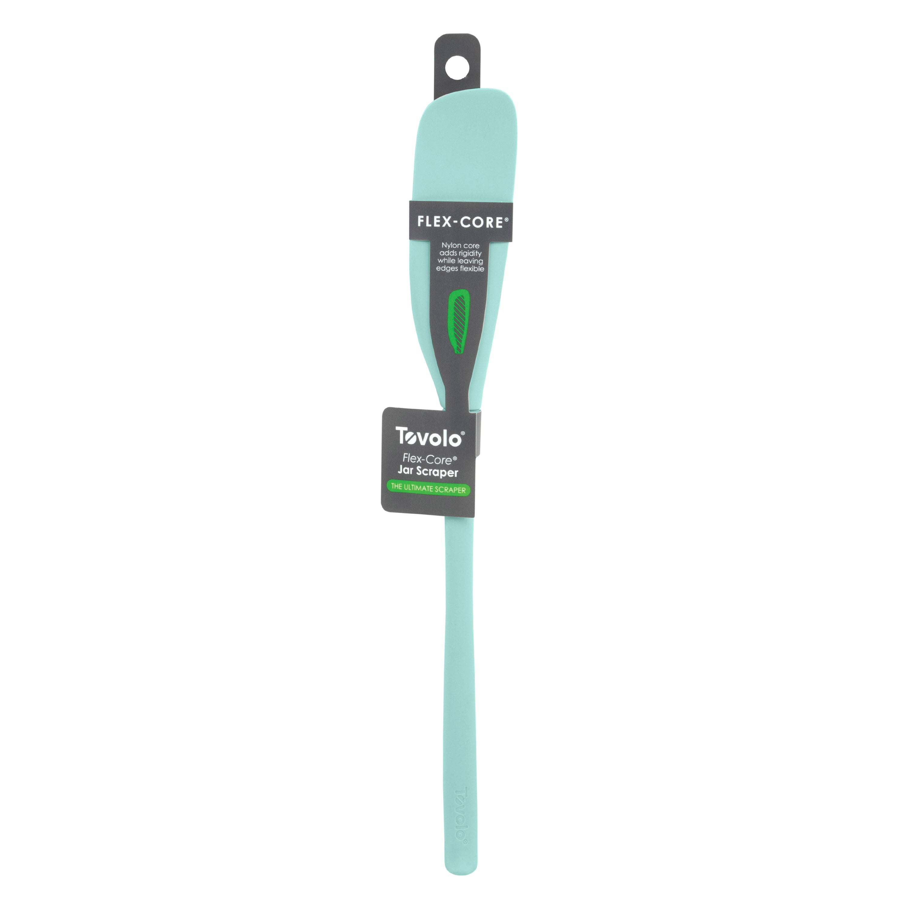 A teal silicone Flex-Core Jar Scraper with a long handle, shown vertically in packaging with a hanging hole—this versatile kitchen tool easily scrapes jars and can also handle tough ice.