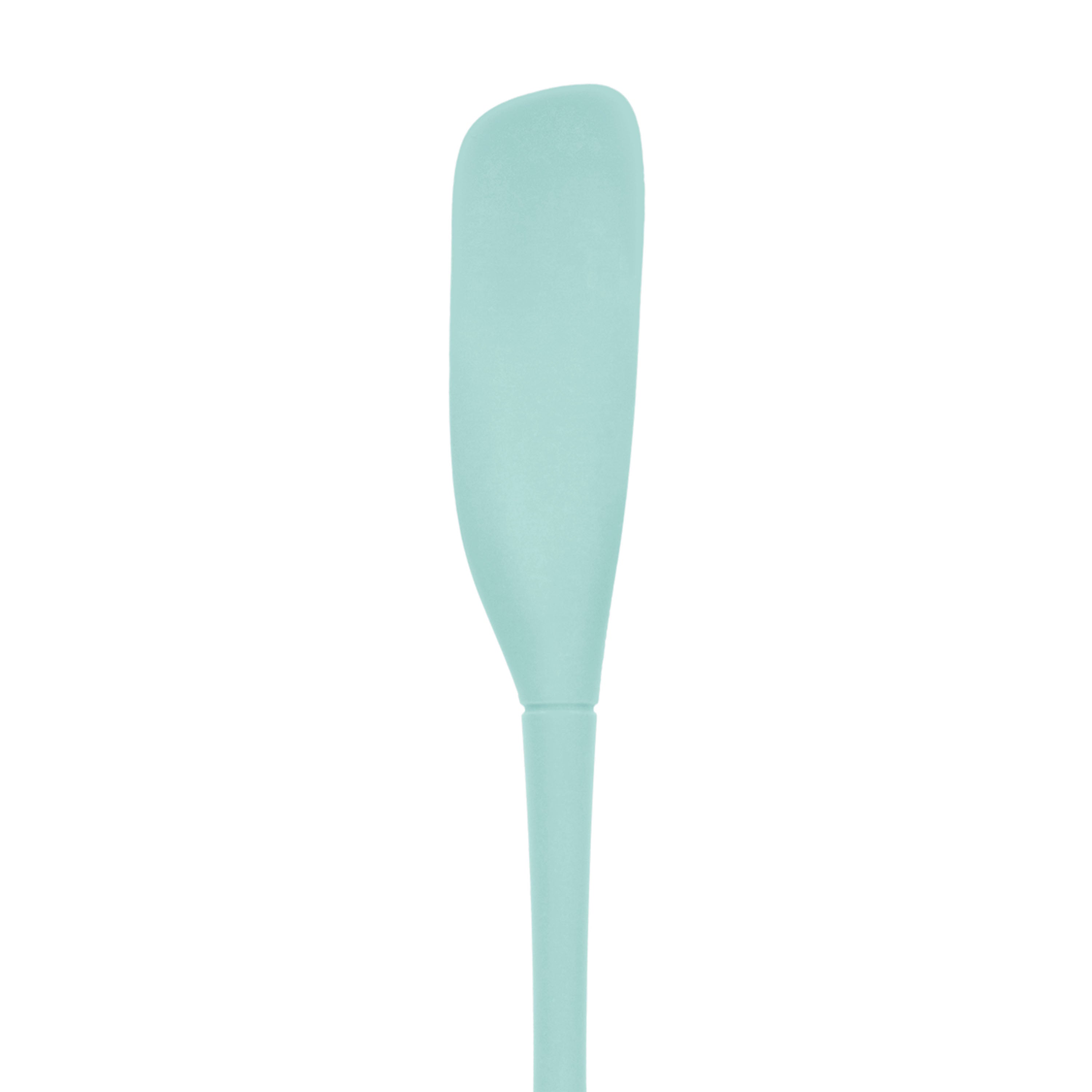 The Flex-Core Jar Scraper is a light blue silicone kitchen tool with a long handle and rounded, slightly tapered blade, perfect for scraping jars, shown isolated on a white background.