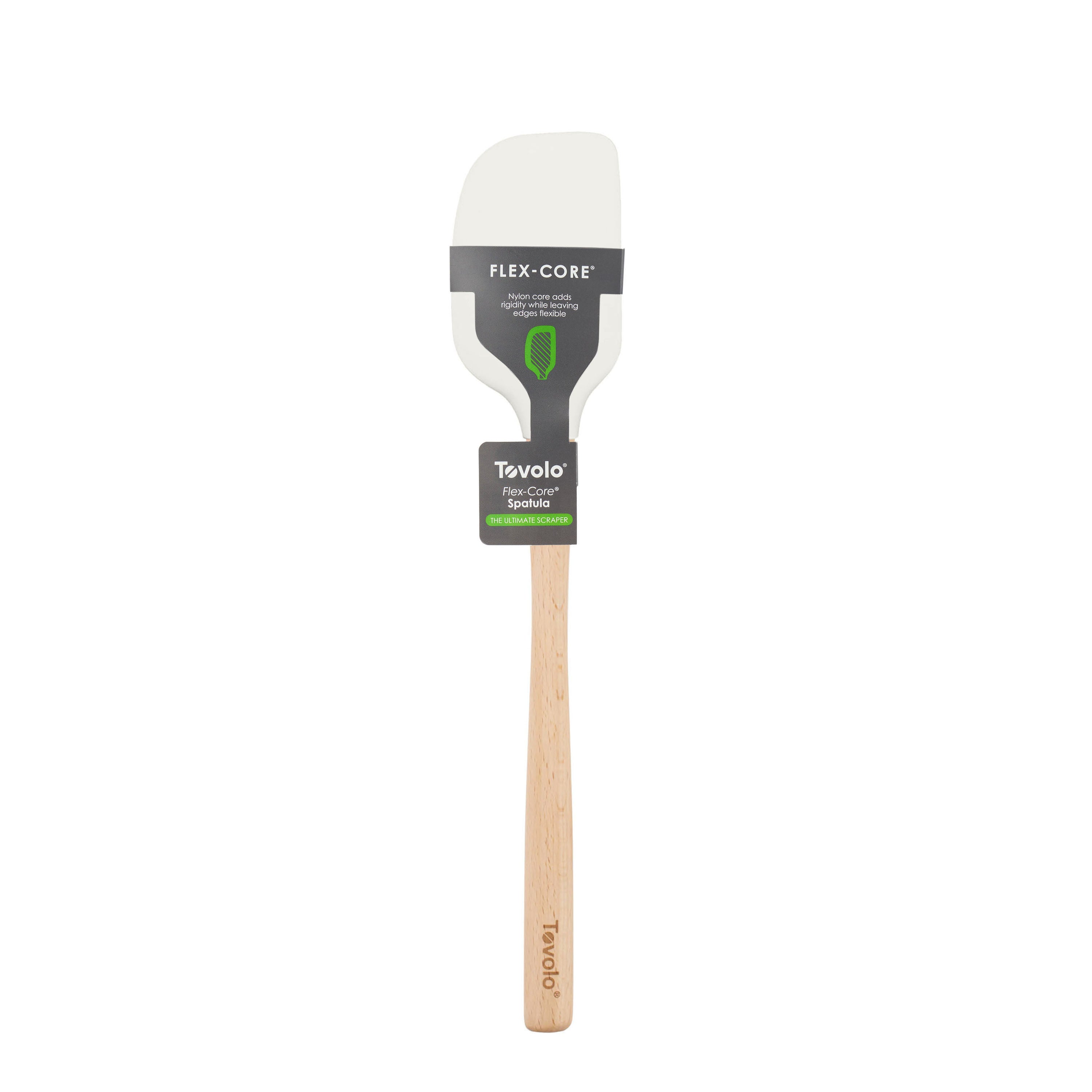 The Flex-Core Spatula features a durable silicone head and a wooden handle with "Tovolo" printed on it. The packaging displays "FLEX-CORE" and "Tovolo Flex-Core Spatula" with green accents.