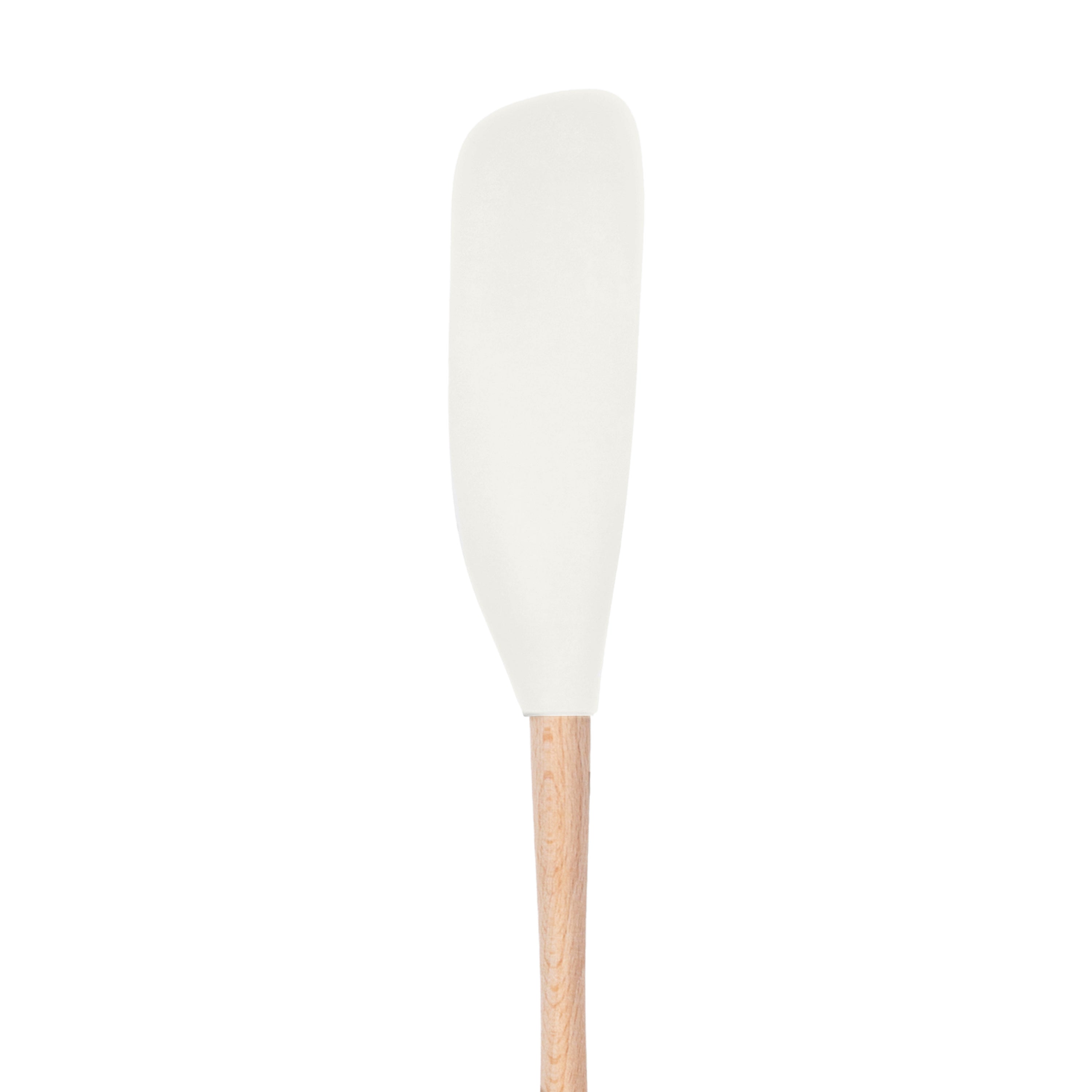 The Flex-Core Jar Scraper features a white silicone head and a long, light wooden handle, making it perfect for scraping jars and reaching every last bit, shown against a plain white background.
