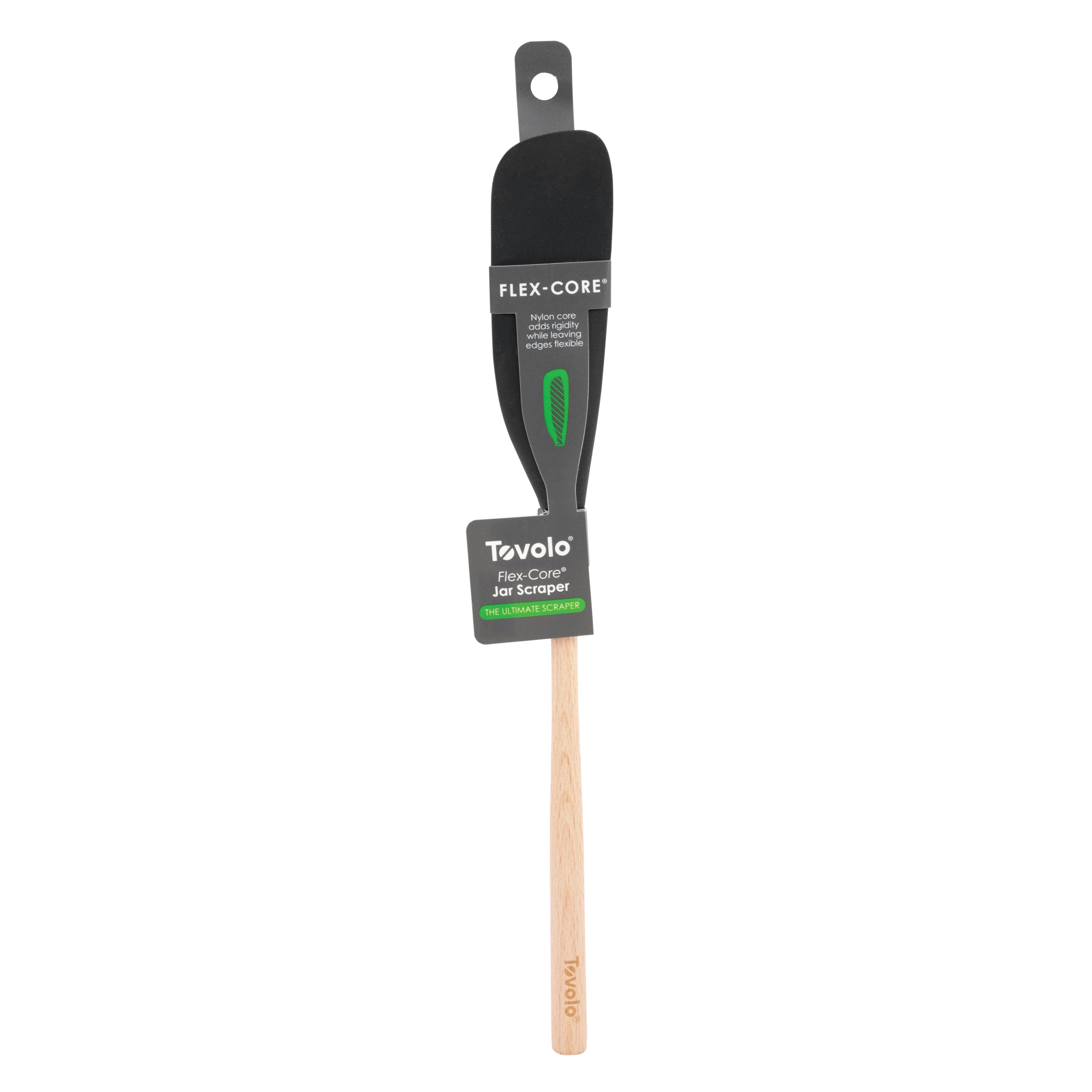 The Flex-Core Jar Scraper features a black silicone head, green accents, and a long wooden handle. Shown packaged against a white background, it’s designed to help you scrape every last bit from jars.