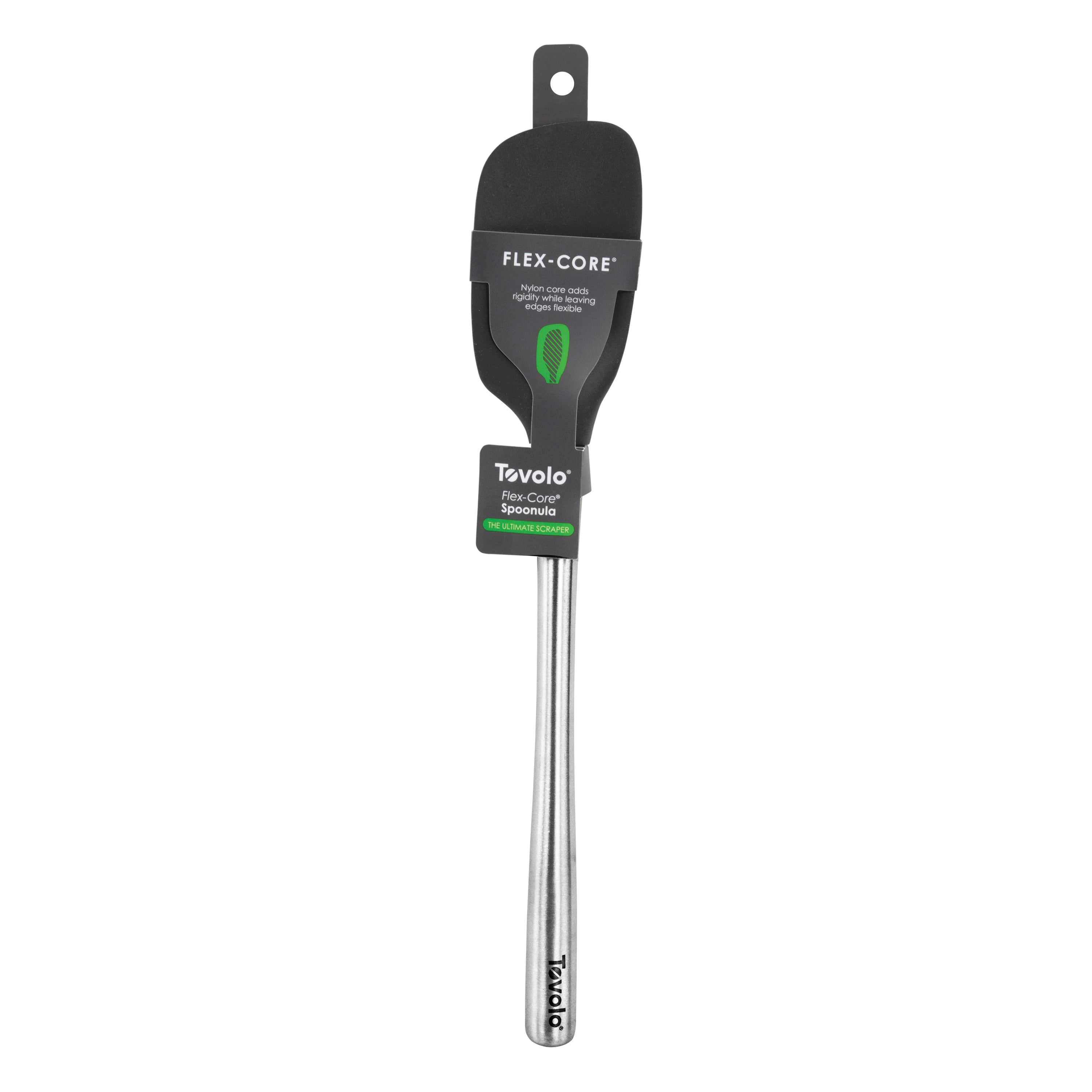 The Flex-Core Spoonula by Tovolo features a black silicone head, long stainless steel handle, ergonomic design, "FLEX-CORE" and "Tovolo" labels, and comes with packaging attached.