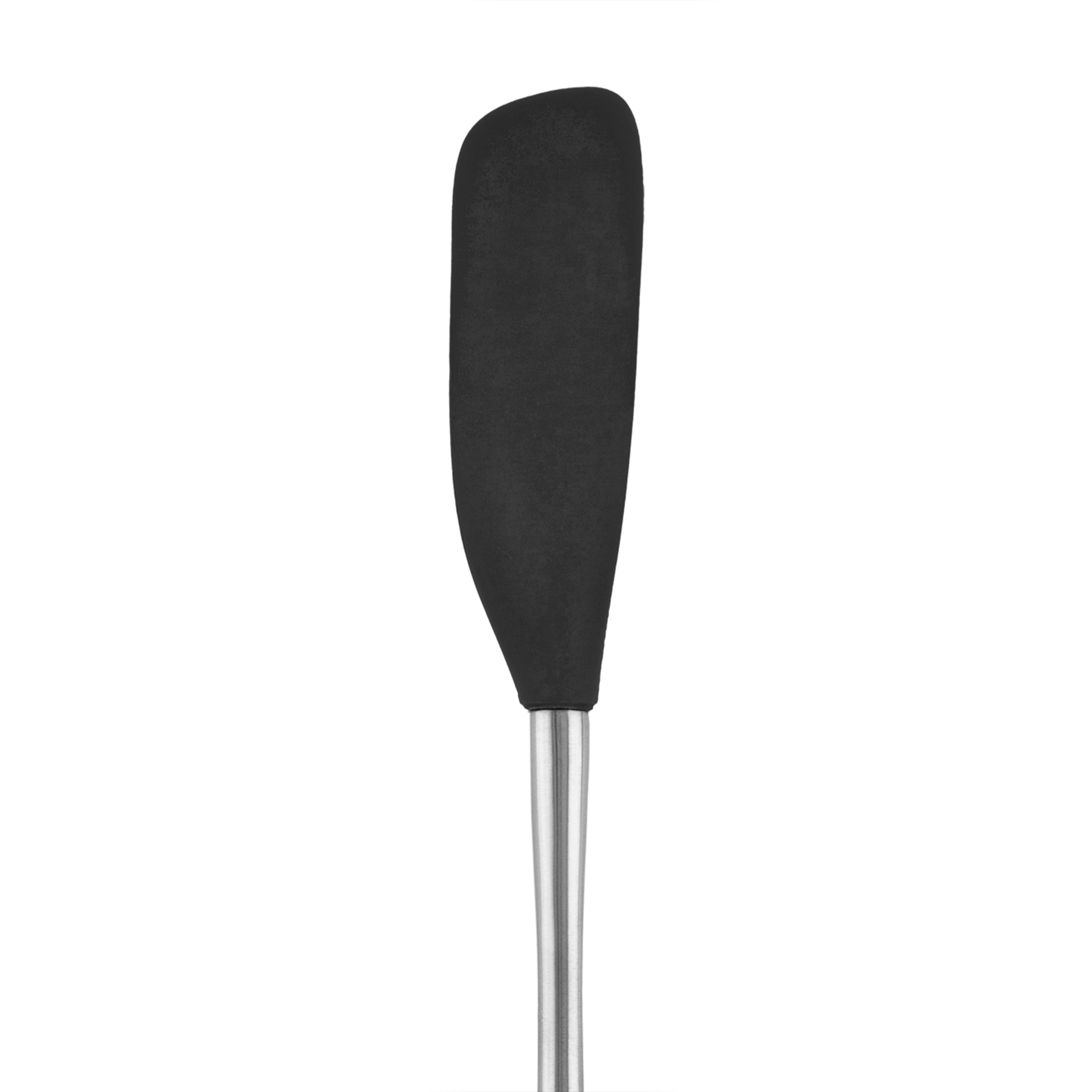 The Flex-Core Jar Scraper, a black silicone spatula with a stainless steel handle, is ideal for kitchen use or scraping jars and is displayed upright against a white background.