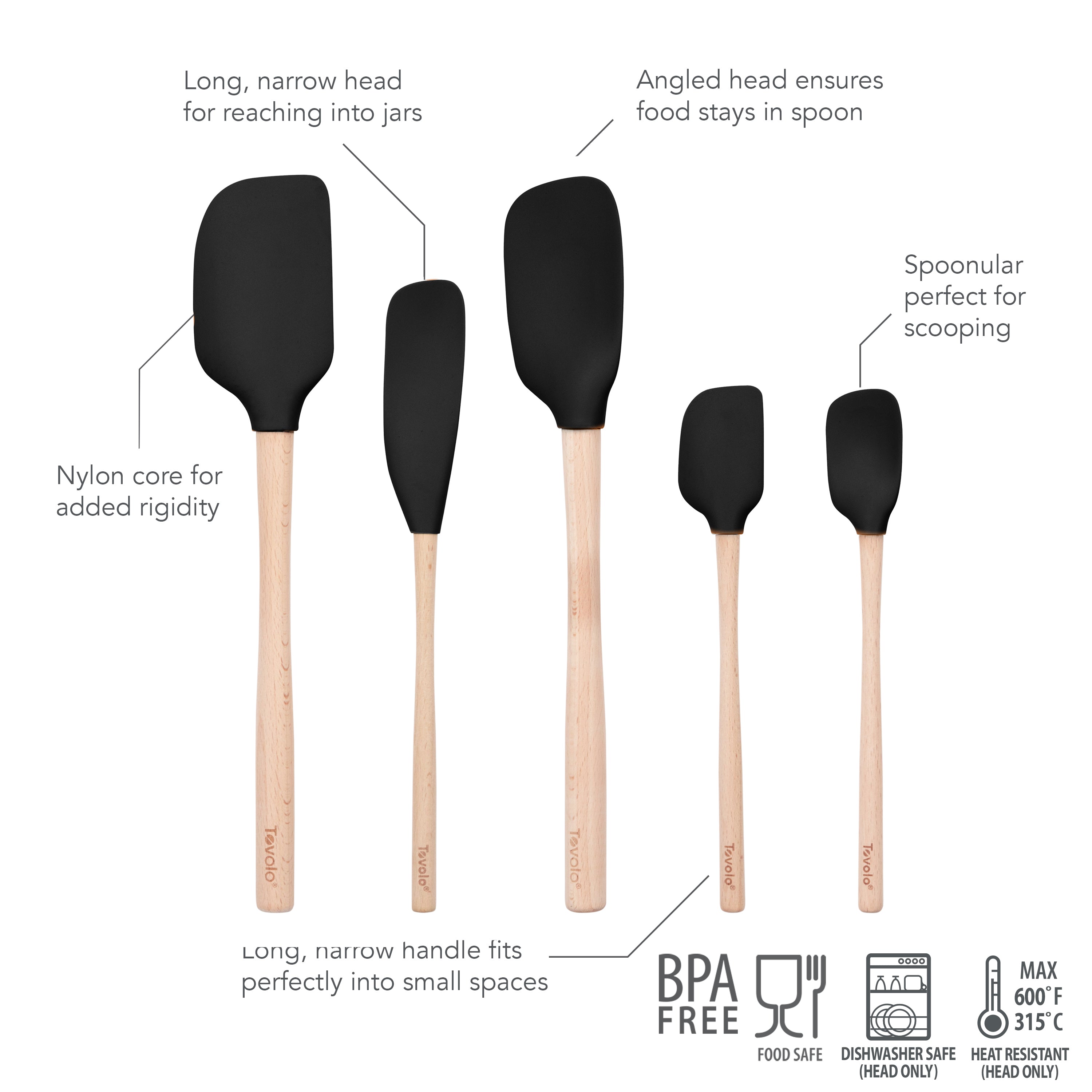The Flex-Core Wood-Handle Spatula Set of 5, shown upright in black silicone with wooden handles, features long reach, angled heads, nylon cores, and icons for BPA-free, food-safe materials and dishwasher-safe (head only) use.