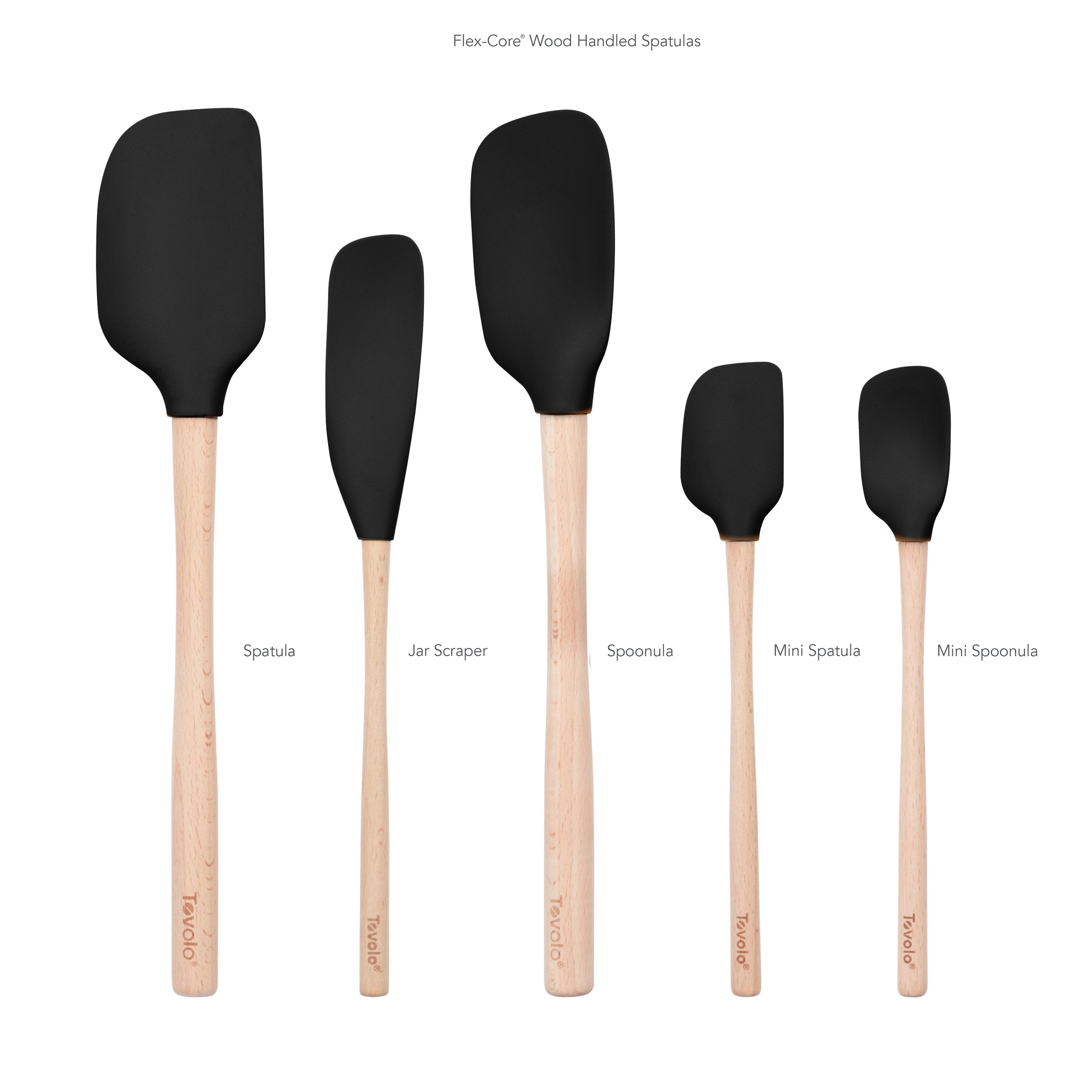 The Flex-Core Wood-Handle Spatula Set of 5 features kitchen tools with wooden handles and black silicone heads, including a classic spatula, jar scraper, spoonula, mini spatula, and mini spoonula, all displayed upright in a row.