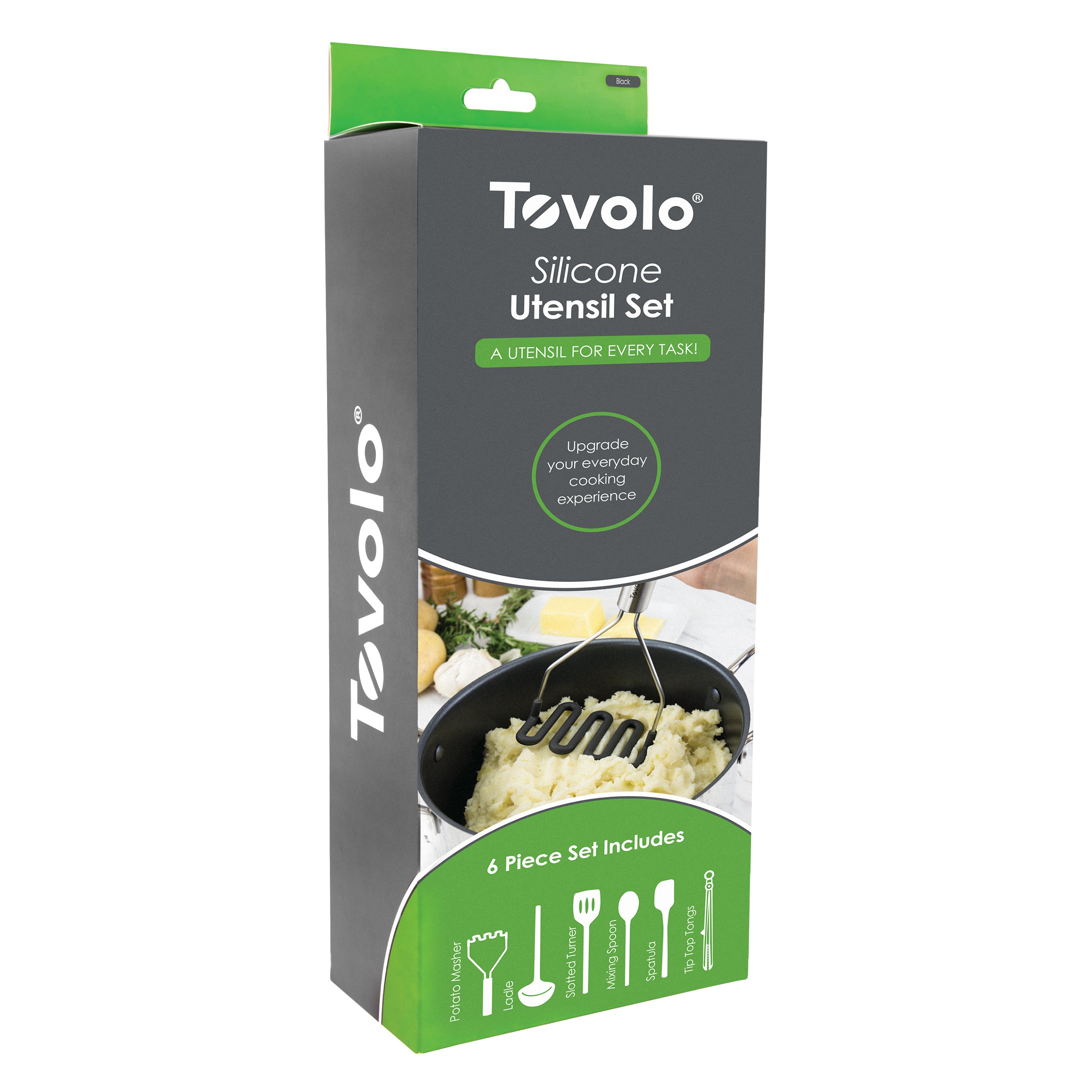 Box of Tovolo Silicone Utensil Set of 6 in green and gray shows the product name, tagline, an image of a potato masher in use, and illustrations of the six heat-resistant, non-scratch silicone utensils at the bottom.