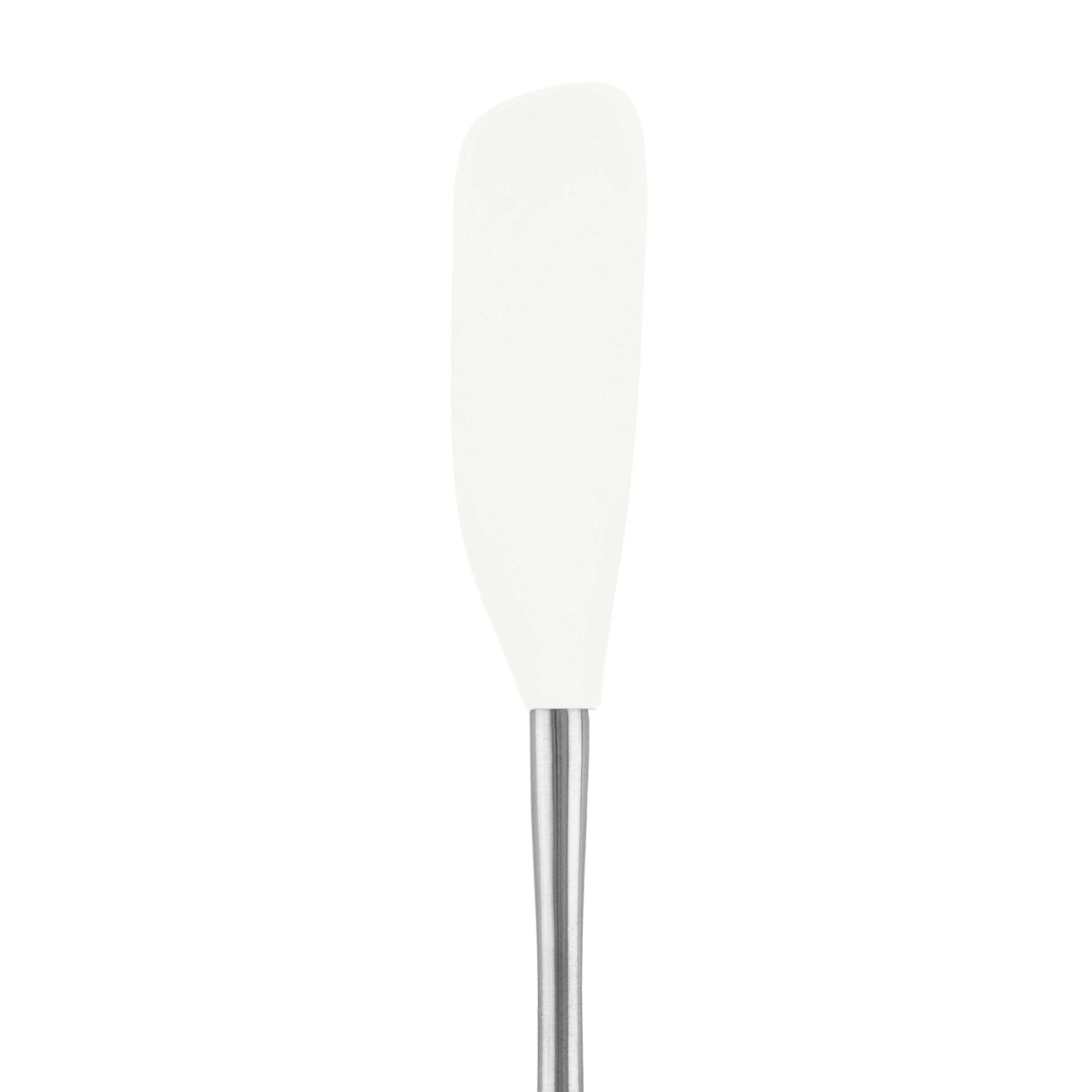The Flex-Core Jar Scraper features a white silicone head and a long stainless steel handle, ideal for scraping jars or as an essential kitchen tool, displayed upright against a plain white background.