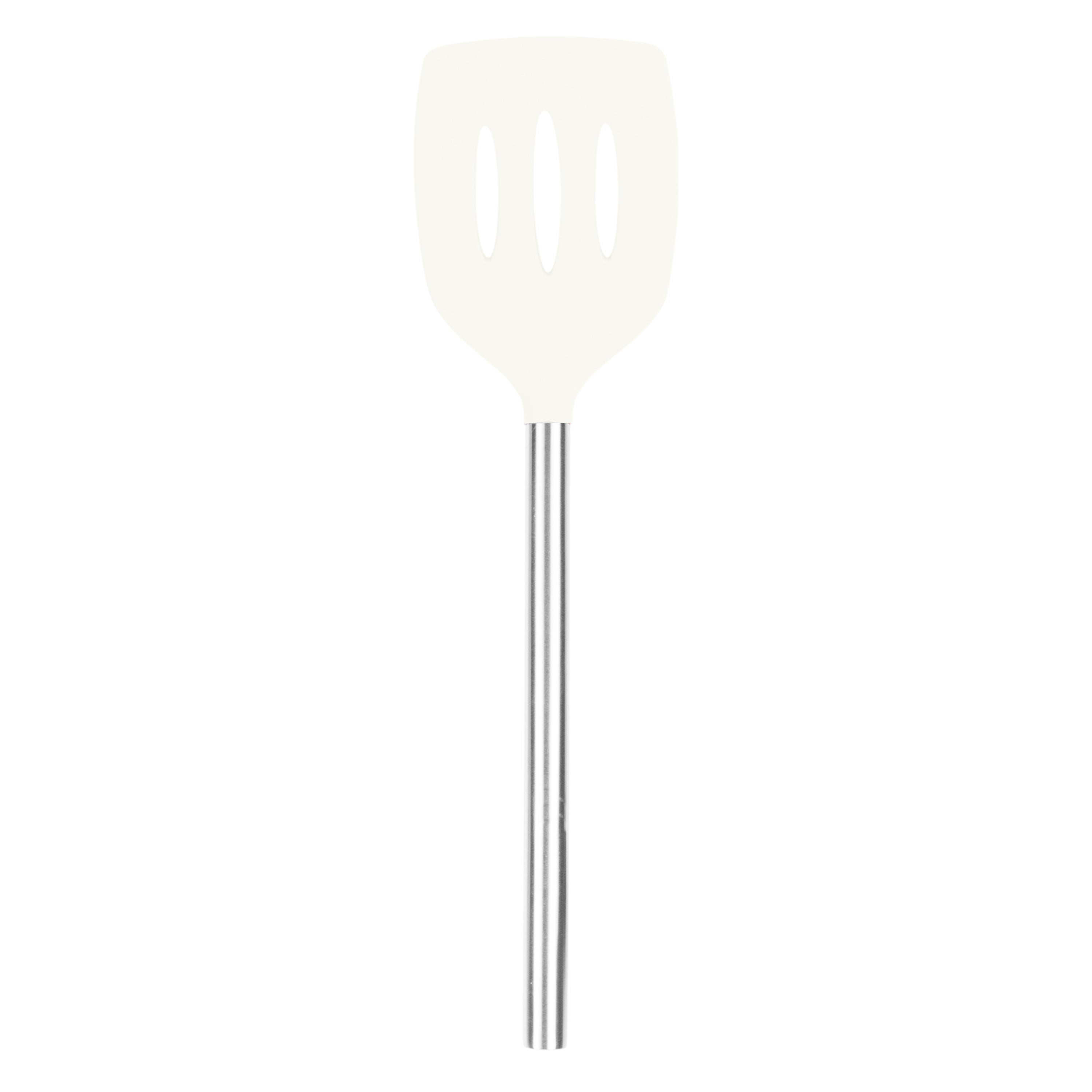 The Silicone Slotted Turner has a long silver handle and a flat white, nonstick-safe head, perfect for flipping. Shown on a plain white background.
