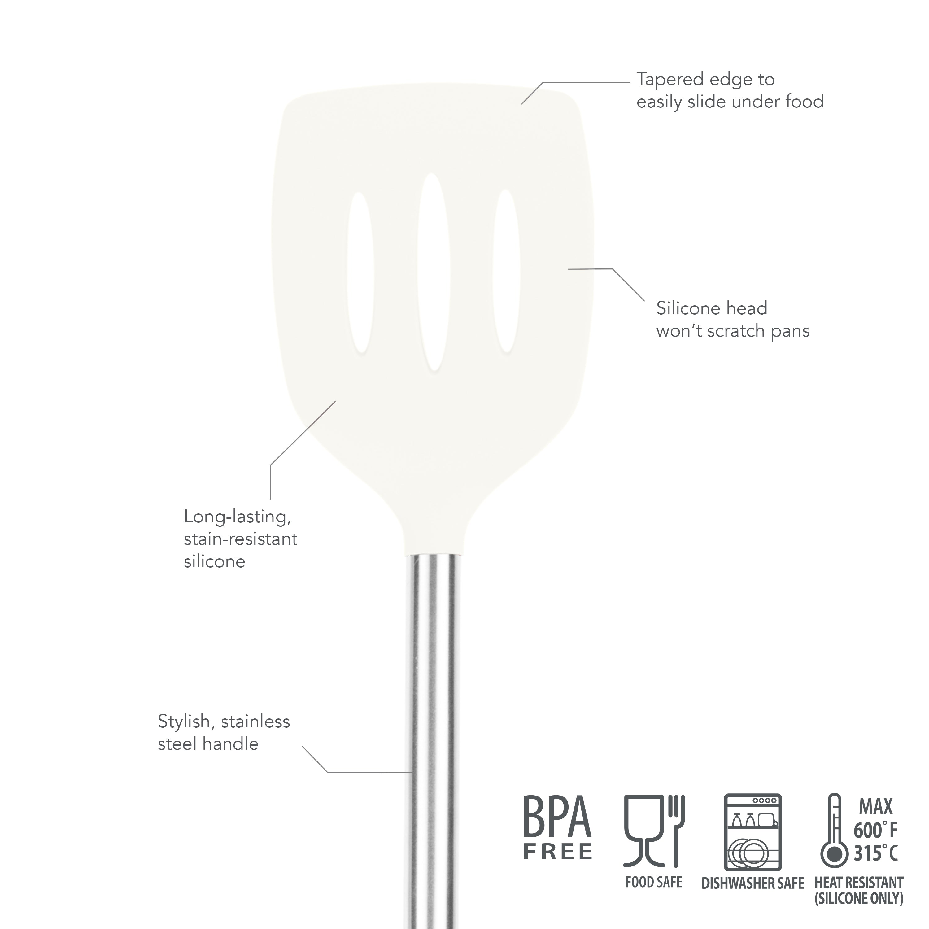 Silicone Slotted Turner with a stainless steel handle—features a tapered edge, nonstick-safe silicone head that won't scratch pans, durable silicone, and icons for BPA free, food safe, dishwasher safe, and heat resistant.