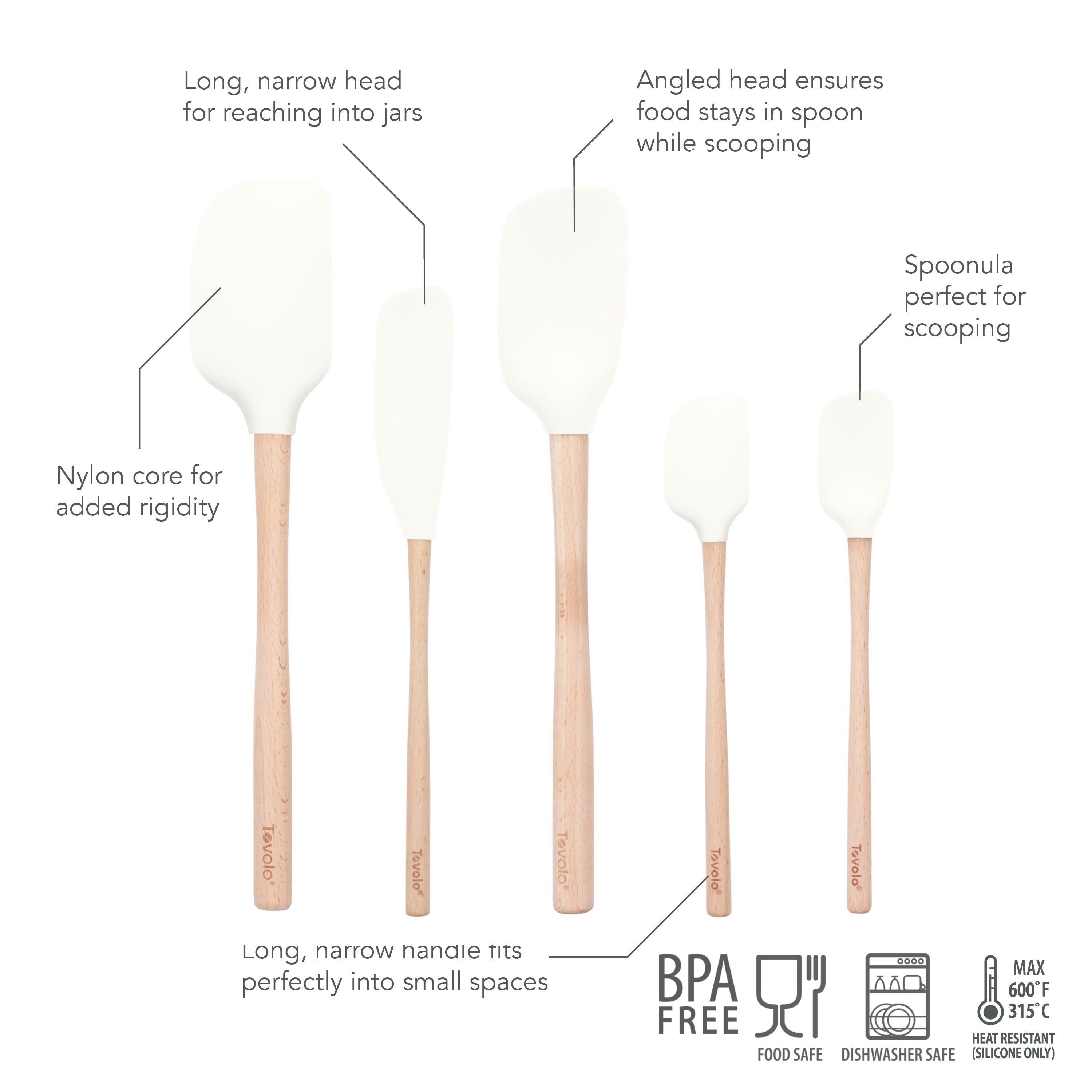 The Flex-Core Wood-Handle Spatula Set of 5 includes five white spatulas of various sizes with light wooden handles, long handles, angled heads, a nylon core, and BPA-free materials that are food-safe and dishwasher-safe.
