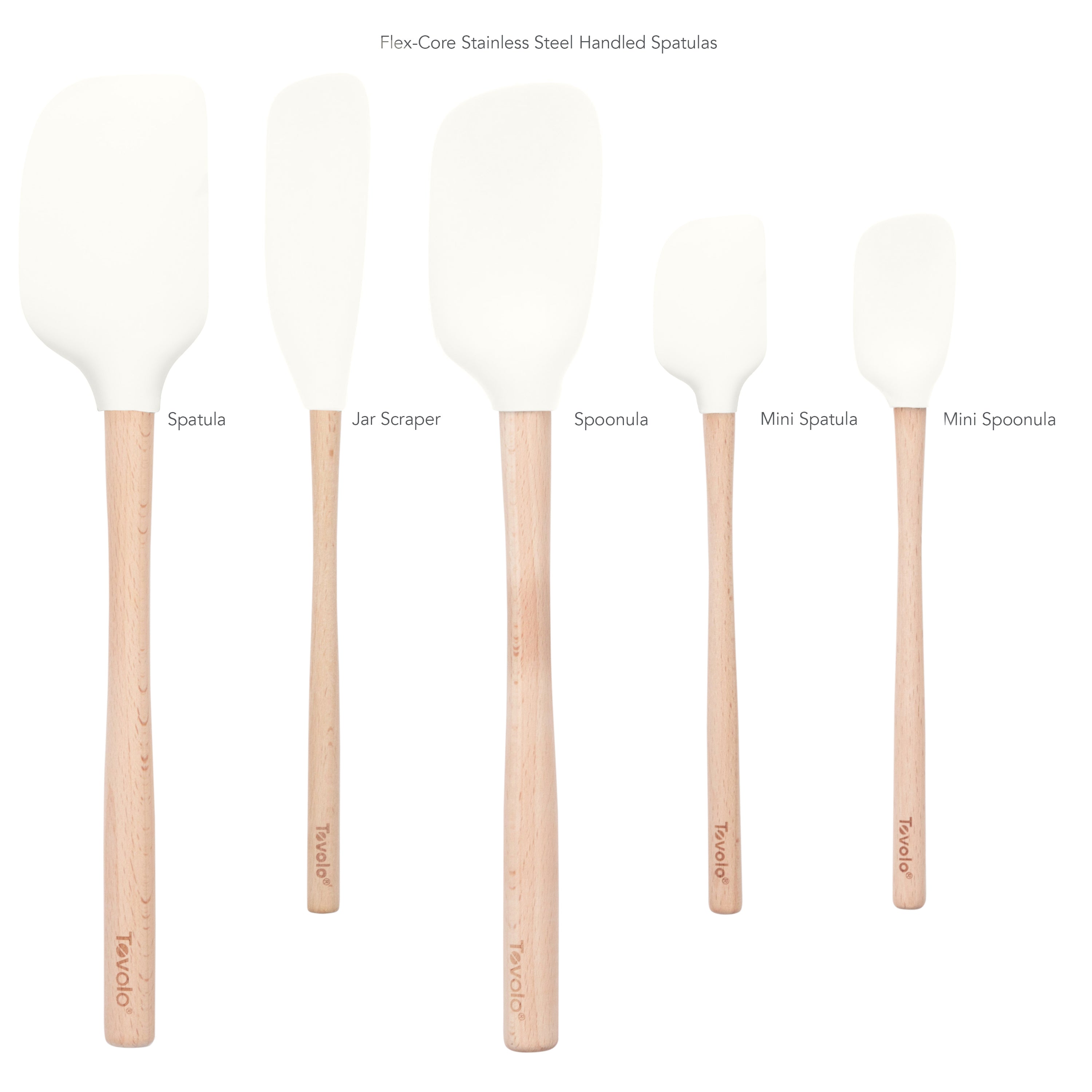 The Flex-Core Wood-Handle Spatula Set of 5 includes Classic Spatula, Jar Scraper, Spoonula, Mini Spatula, and Mini Spoonula—each with a wood handle and white silicone head—arranged from largest to smallest.