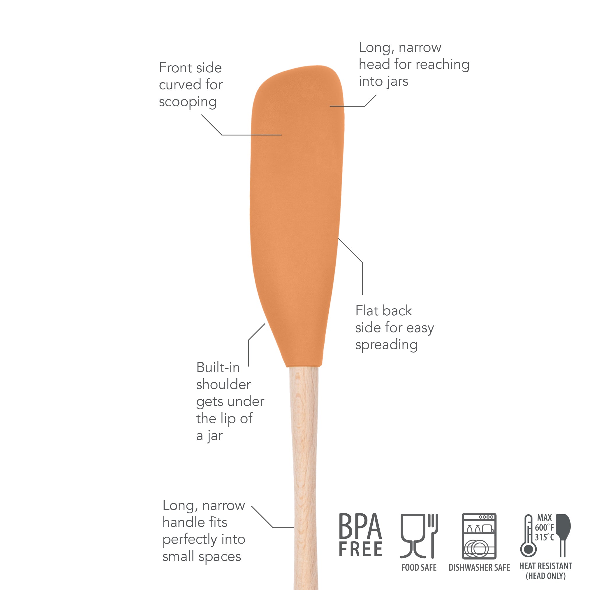 The Flex-Core Jar Scraper is an orange silicone spatula with a wooden handle, scoop front, jar scraper edge, flat spreading back, built-in jar shoulder, and slim grip. BPA free, food safe, dishwasher safe, and heat resistant.
