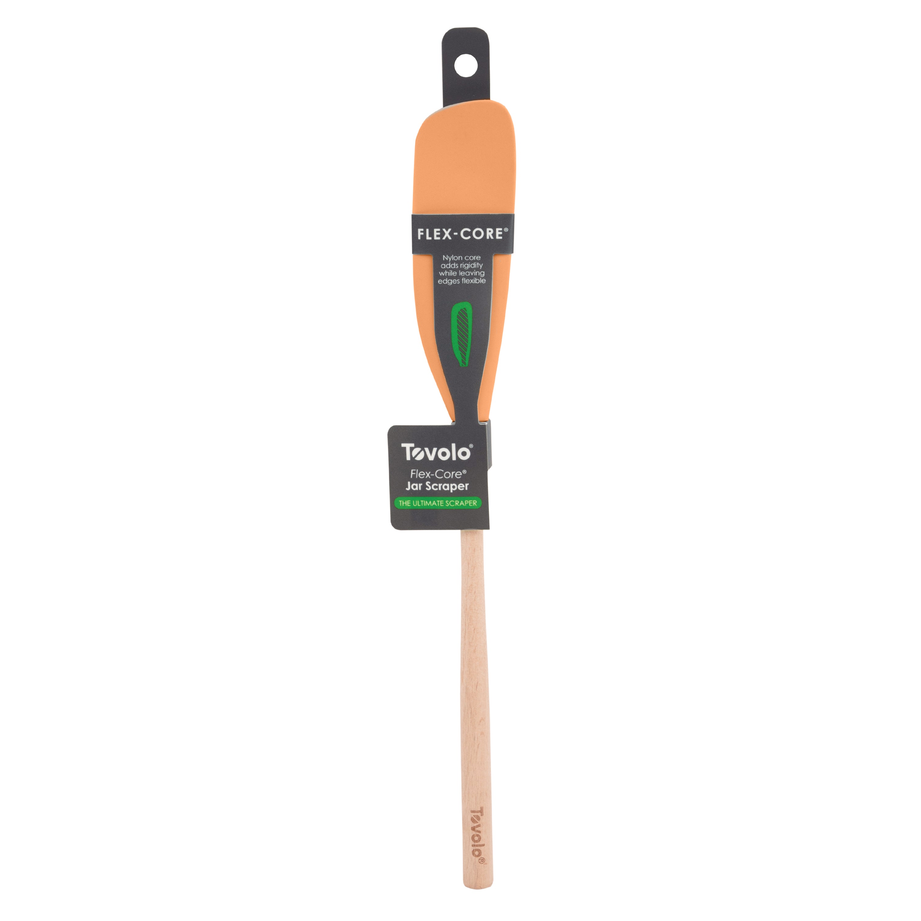 The Flex-Core Jar Scraper is an orange Tovolo silicone spatula and jar scraper with a wooden handle, shown upright in its packaging. It features a flexible scraper head and a black label with green and white text.