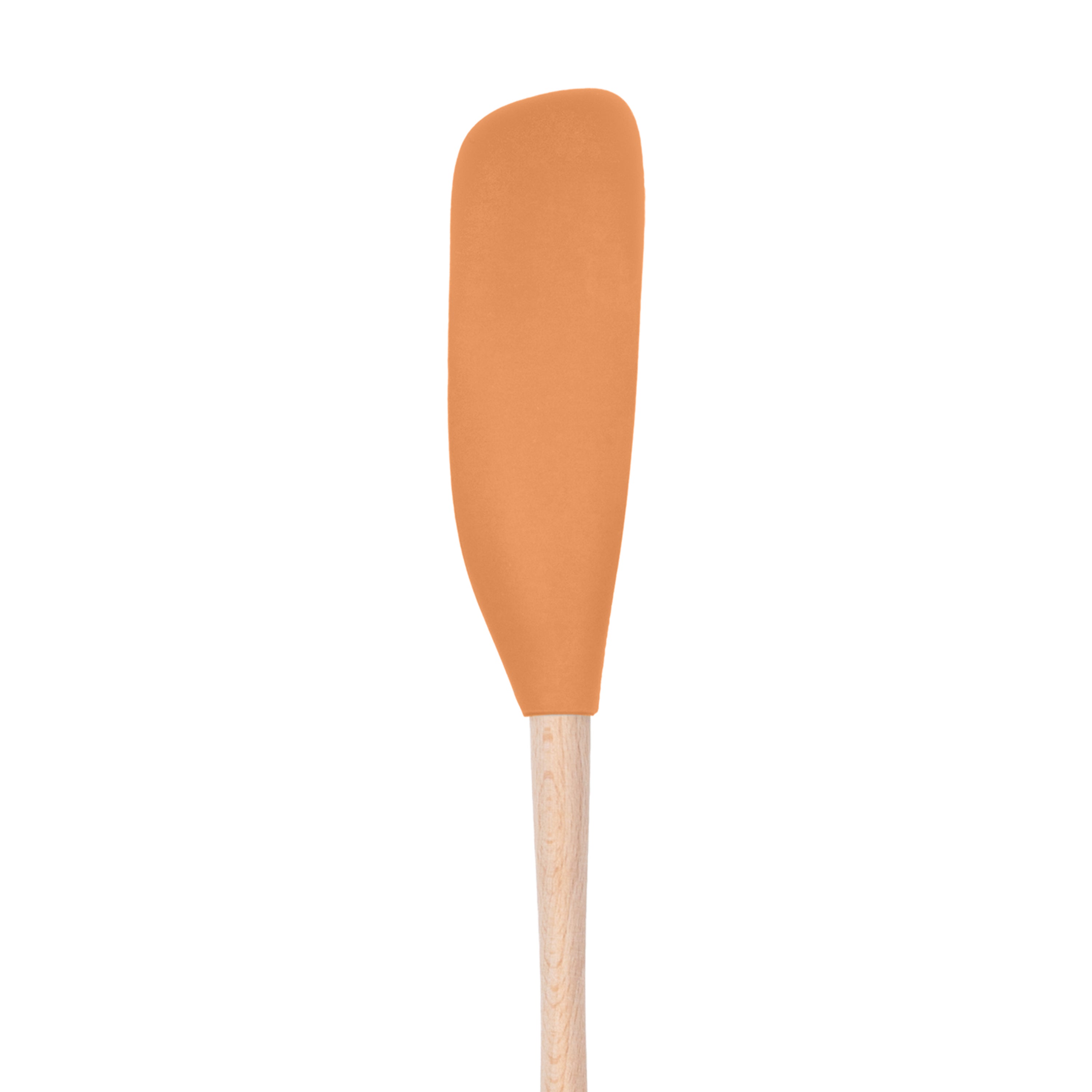 The Flex-Core Jar Scraper features an orange silicone blade and a light wooden handle, ideal for scraping jars or use as a kitchen tool, displayed on a plain white background.
