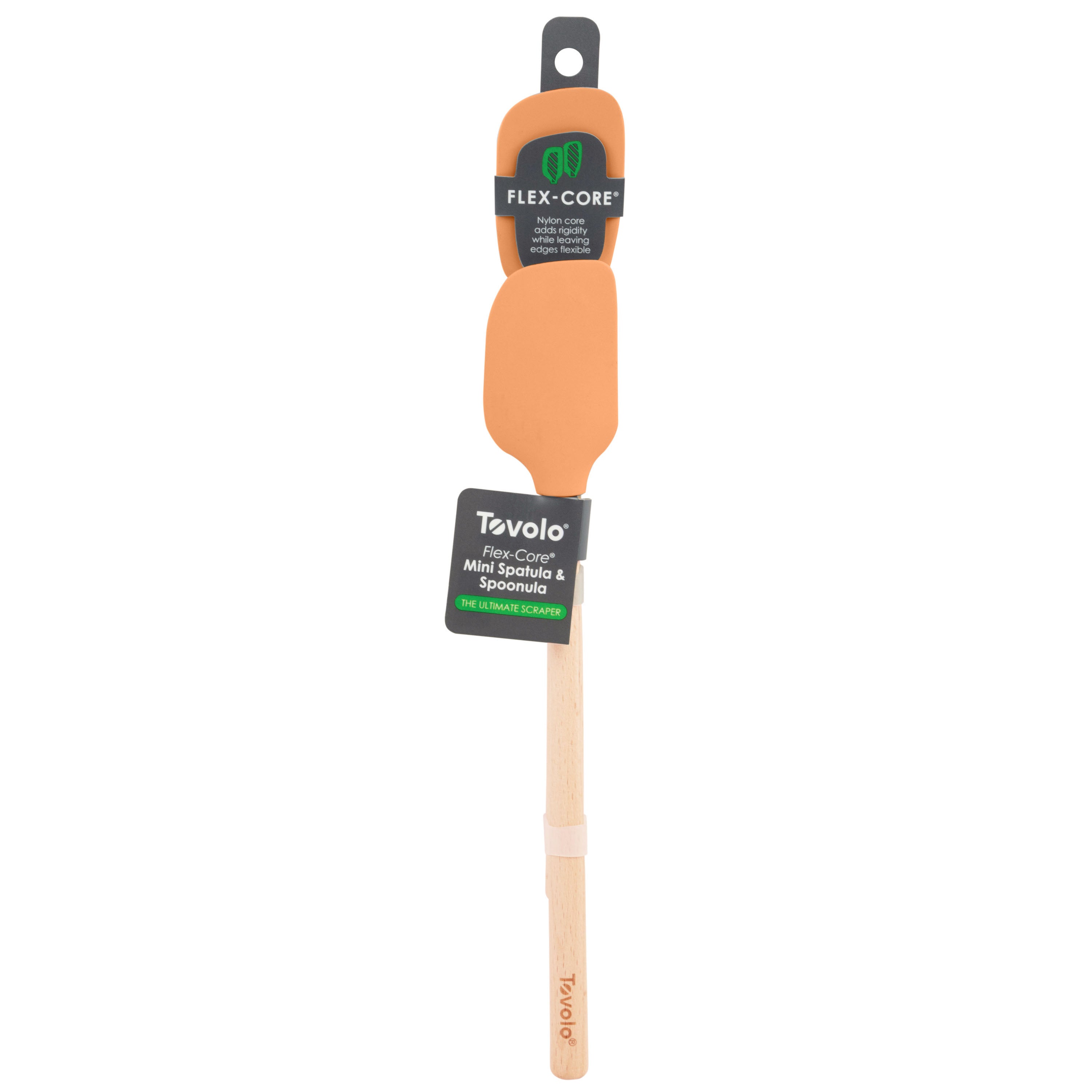 The Flex-Core Mini Spat + Spoonula is an orange silicone spatula and spoonula with a wooden handle, heat-resistant and shown in its packaging.