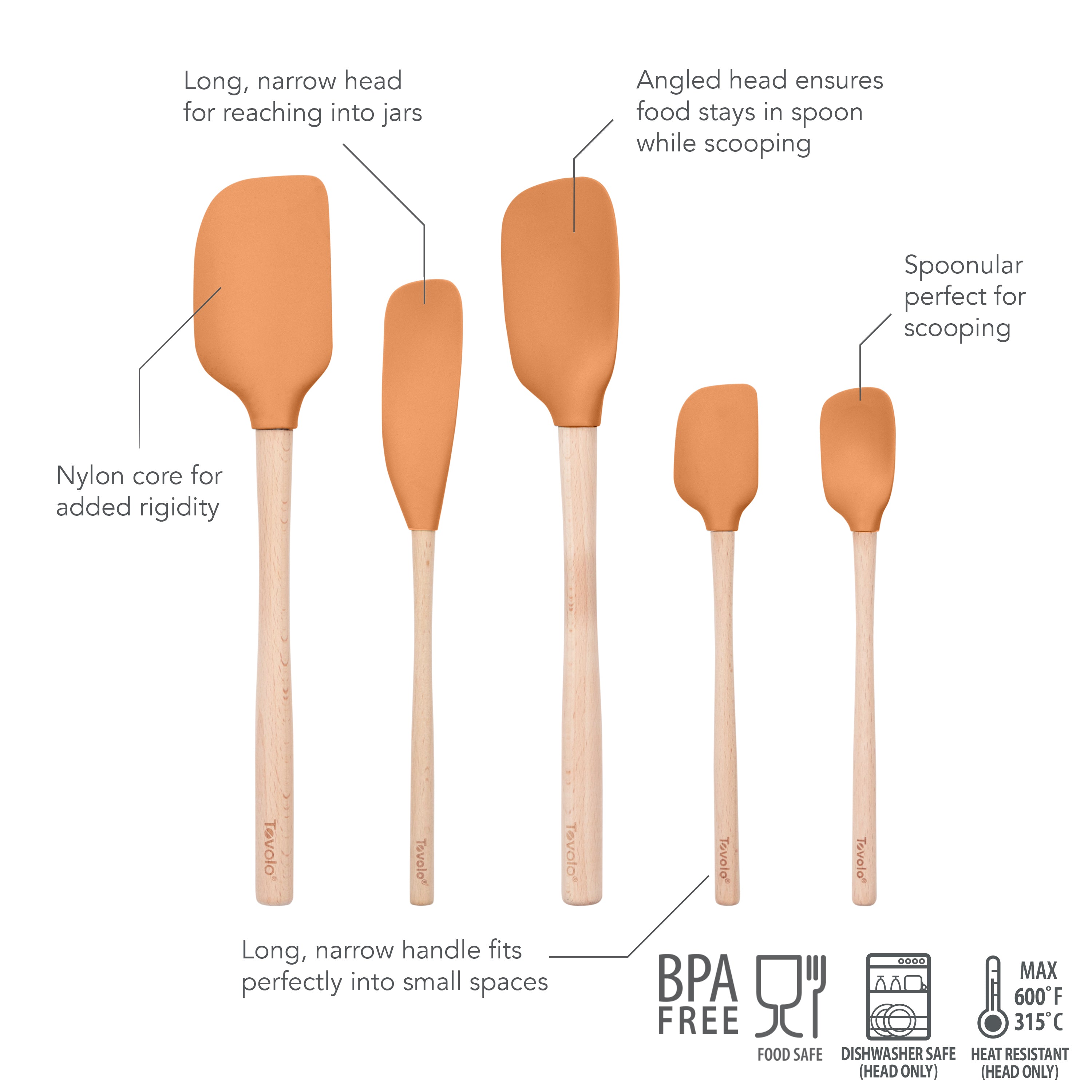 The Flex-Core Wood-Handle Spatula Set of 5 features orange silicone heads—including Classic Spatula and Jar Scraper—with labels highlighting BPA-free, food safe, dishwasher safe, and heat-resistant to 600°F.