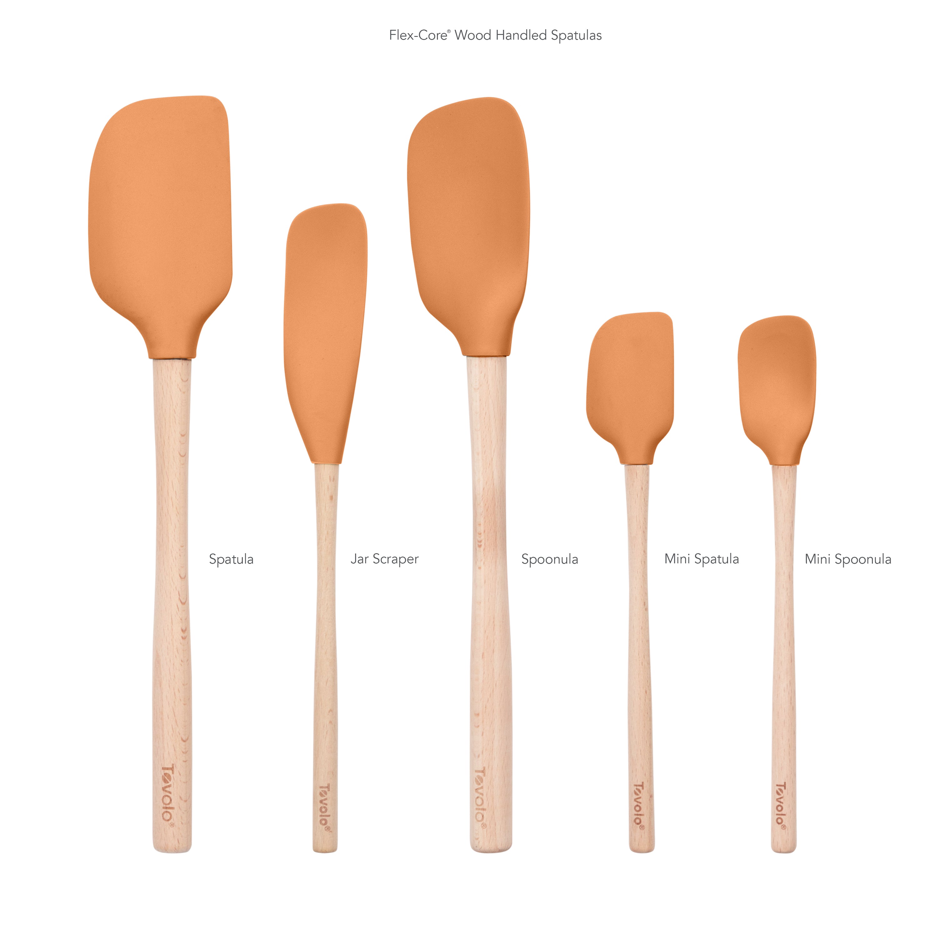 Five utensils from the Flex-Core Wood-Handle Spatula Set of 5—spatula, jar scraper, spoonula, mini spatula, and mini spoonula—stand upright, each with a wooden handle and orange silicone head.