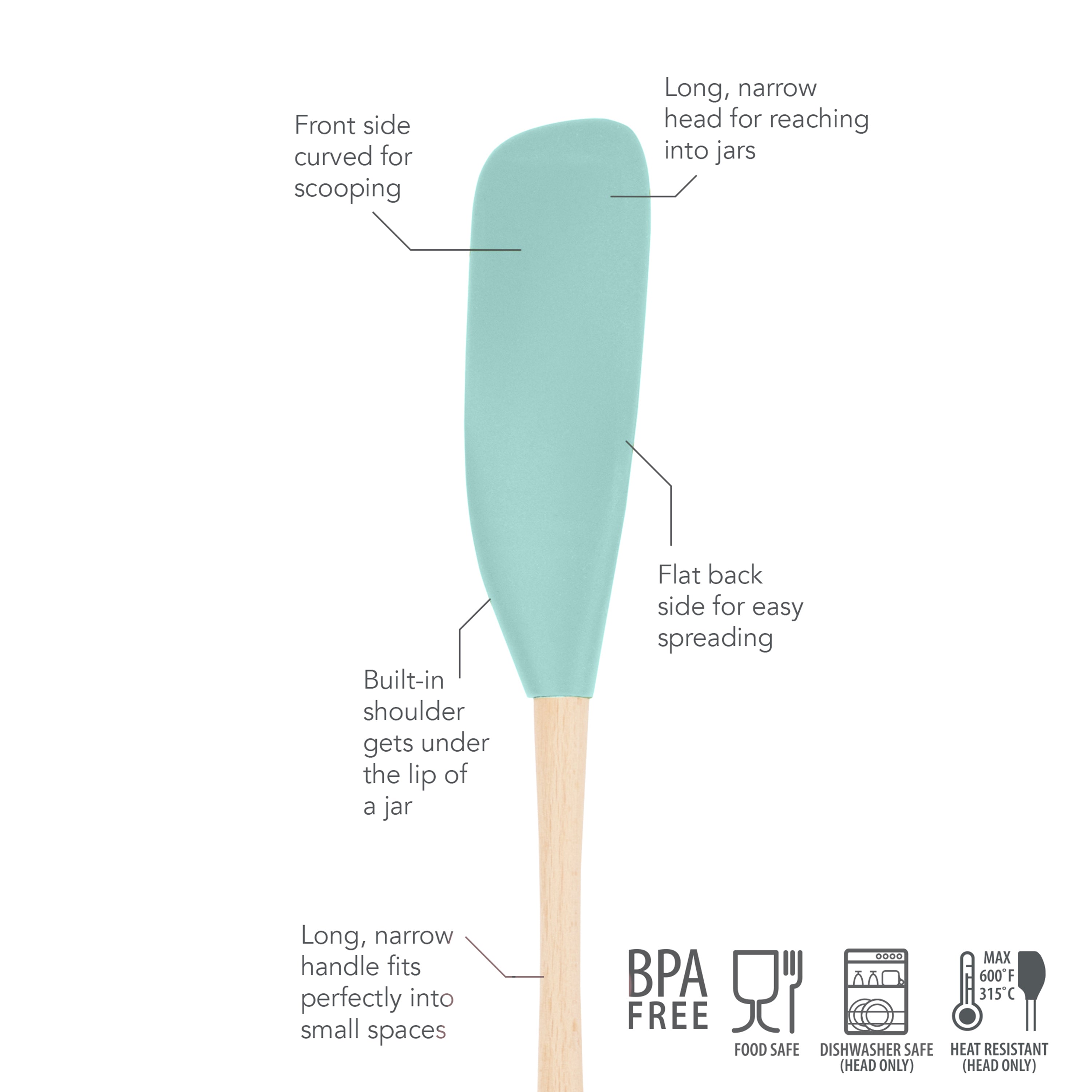 The Flex-Core Jar Scraper is a blue silicone kitchen tool with a curved front for scooping, long narrow head, flat back for spreading, built-in jar scraper shoulder, and slim wooden handle. BPA free and dishwasher safe.