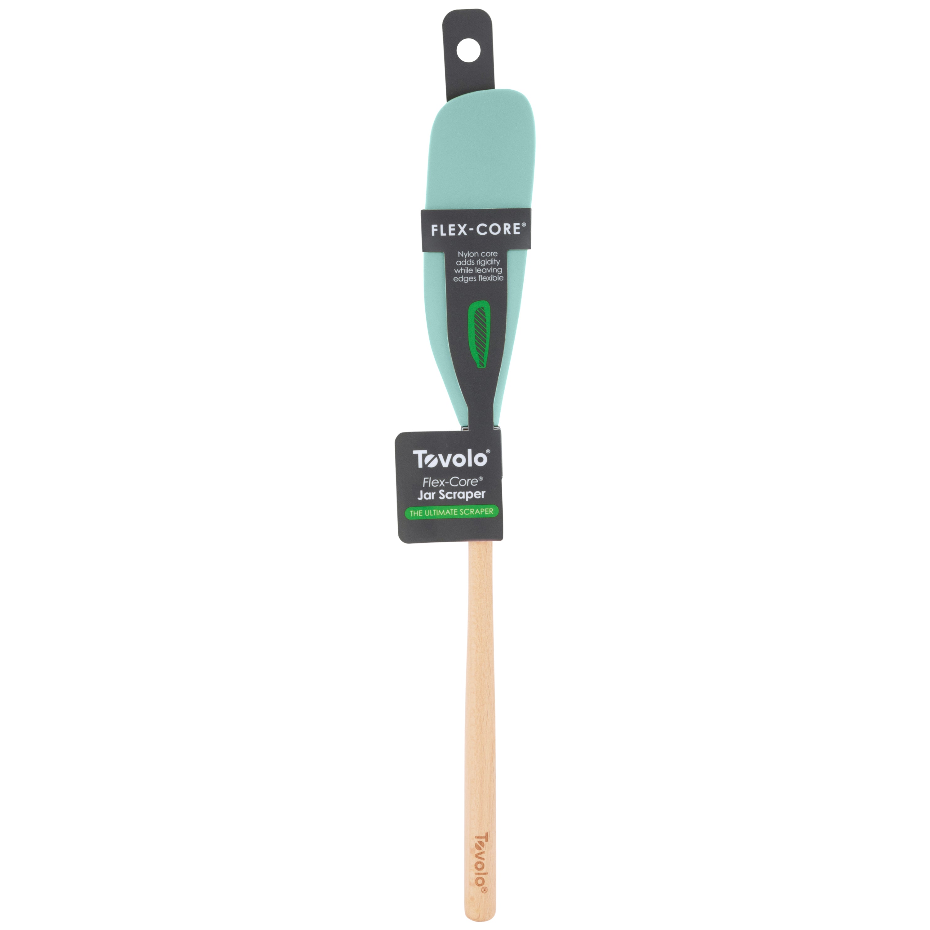The Flex-Core Jar Scraper is a versatile teal silicone spatula with a wooden handle, ideal for scraping jars and general kitchen use.