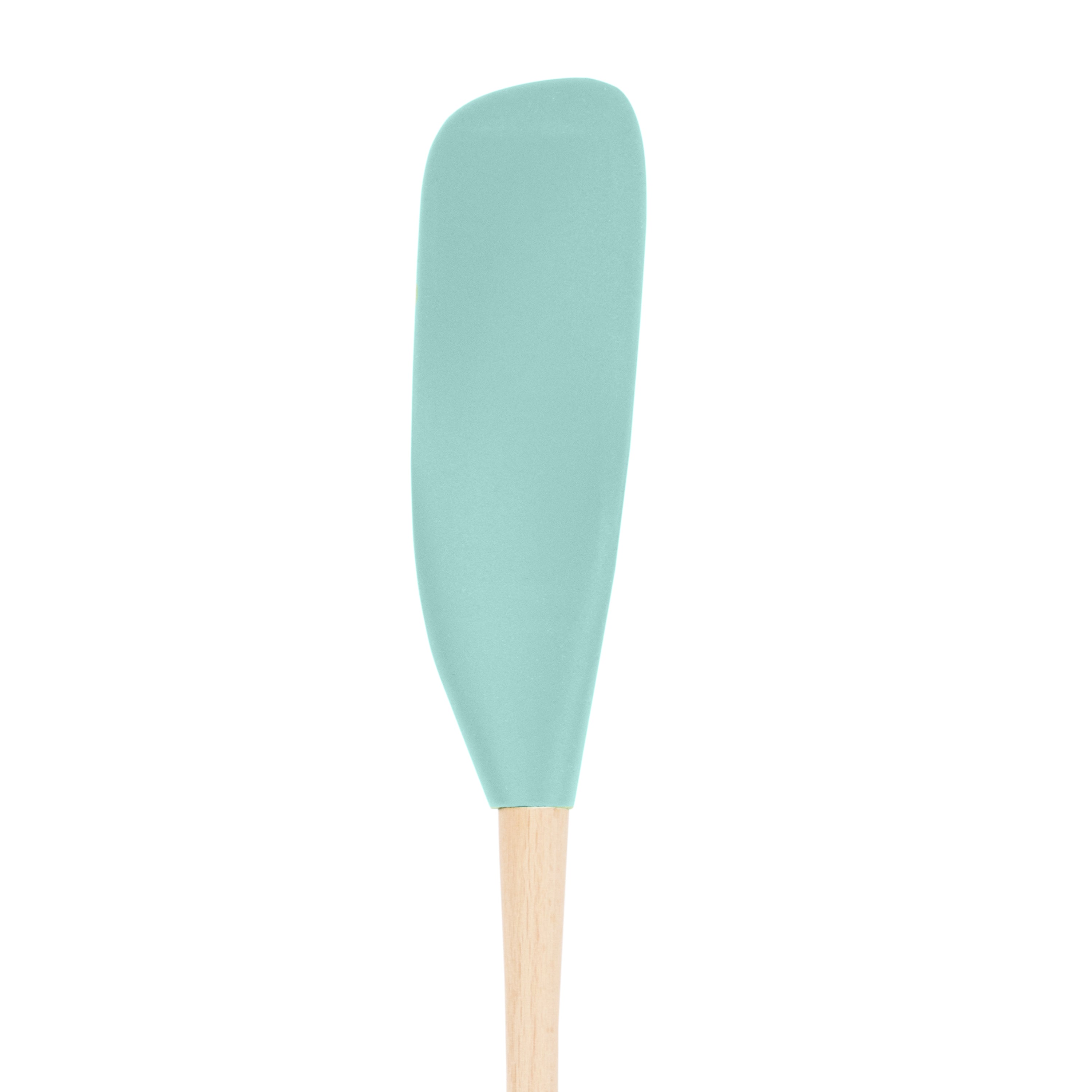 The Flex-Core Jar Scraper, featuring a light blue silicone head and wooden handle, is ideal for scraping jars and is shown against a white background.