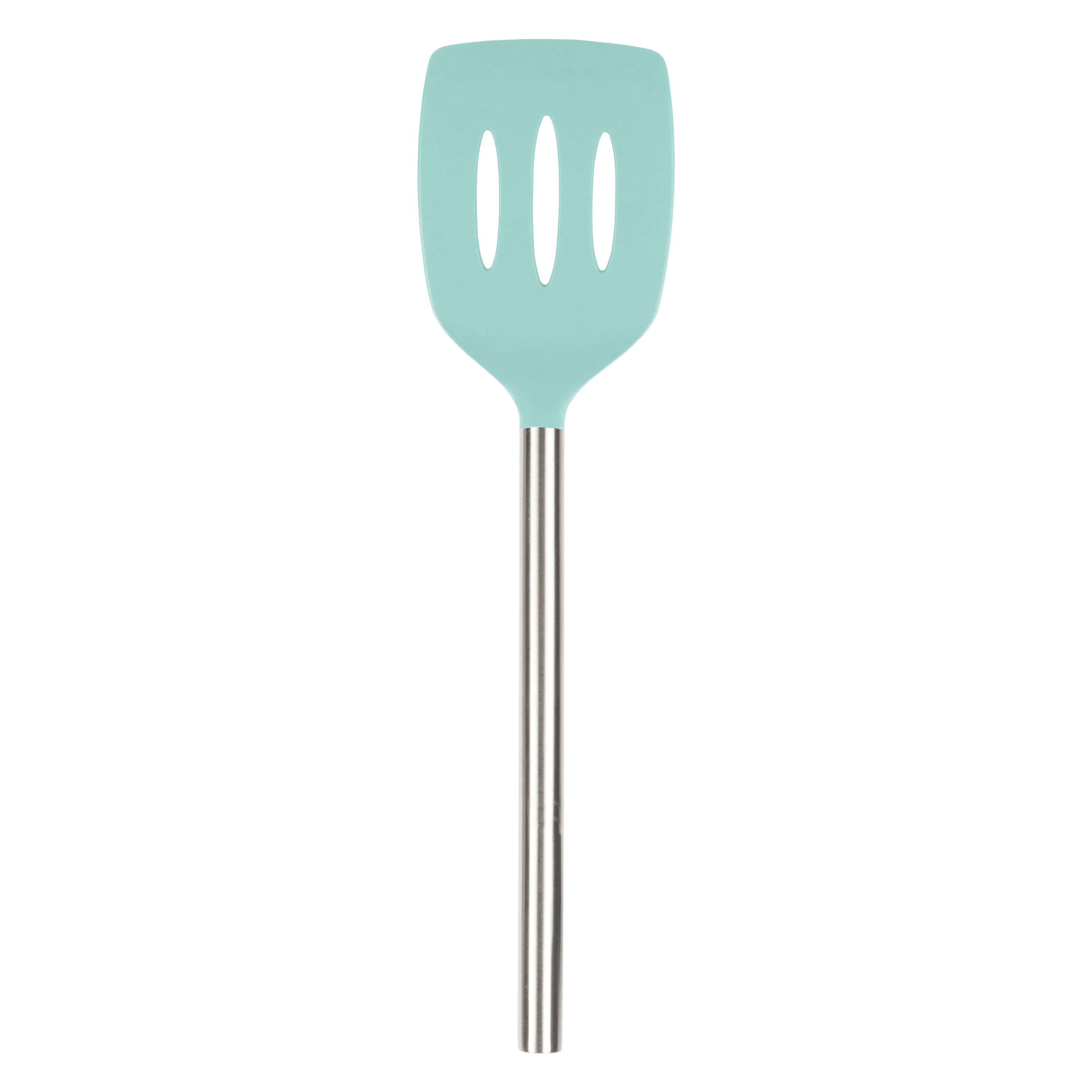 The Silicone Slotted Turner features a light blue silicone head, a stainless steel handle, and is safe for nonstick cookware. Shown on a plain white background.
