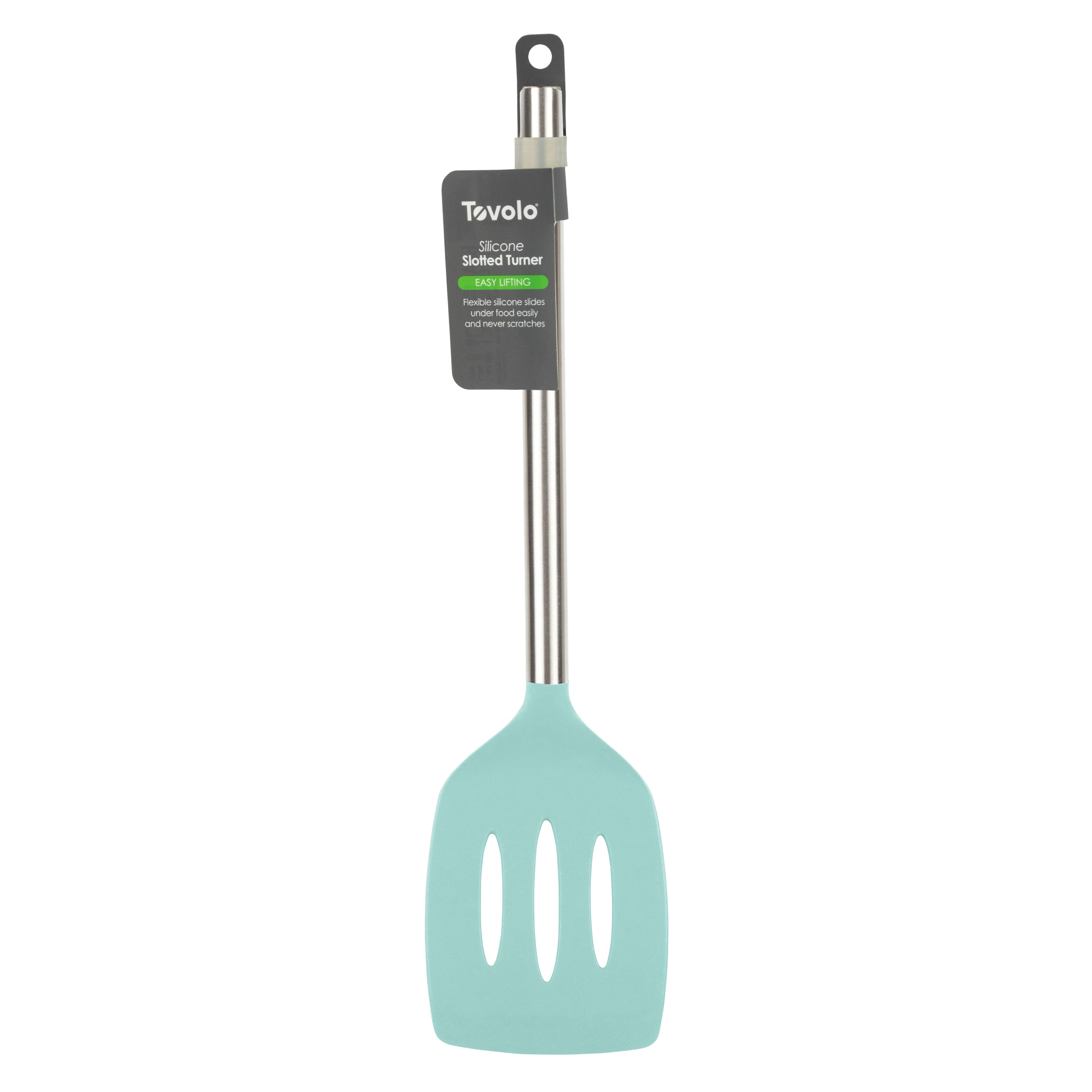 A turquoise Silicone Slotted Turner with a stainless steel handle stands upright, featuring a Tovolo tag. This nonstick-safe turner is perfect for everyday cooking.