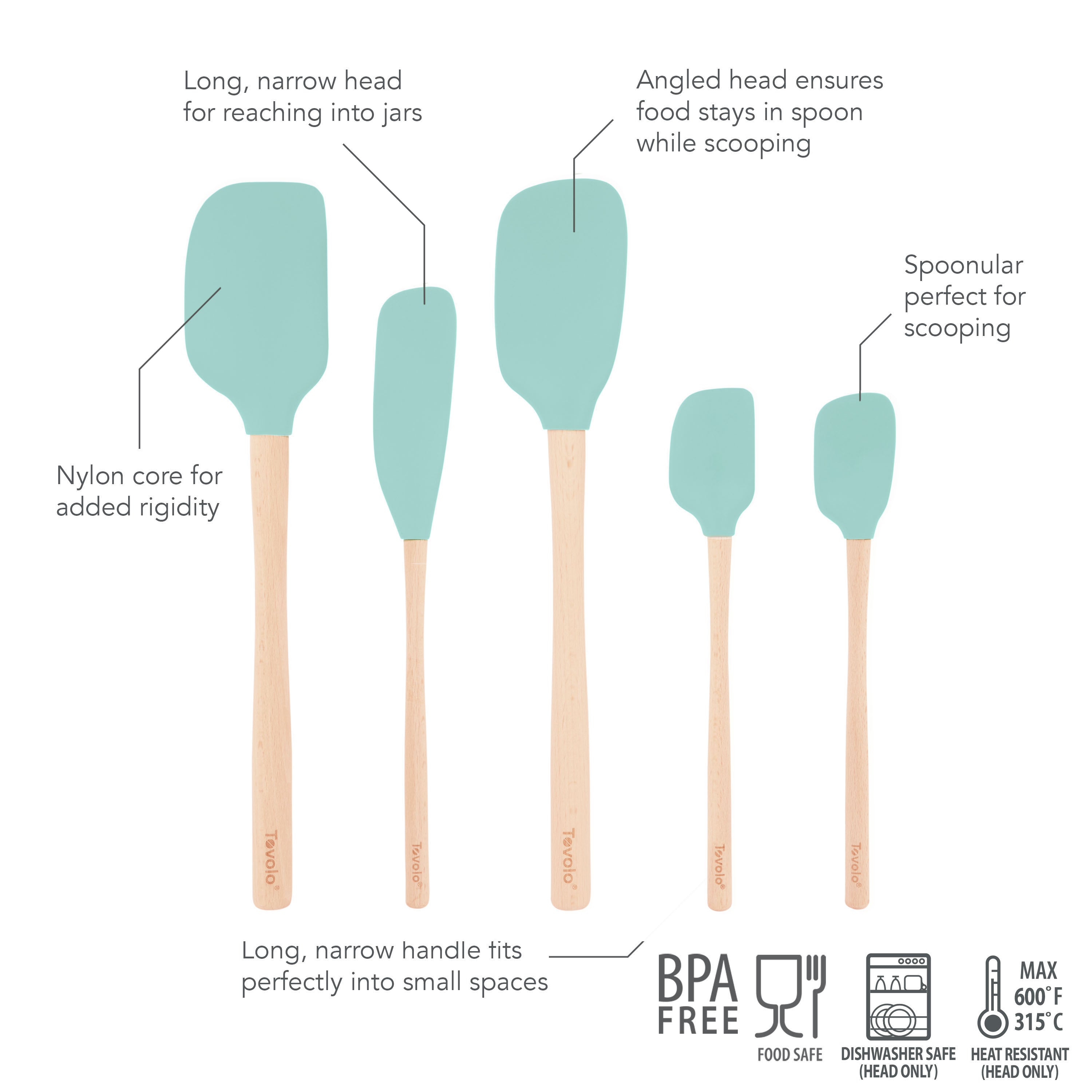 The Flex-Core Wood-Handle Spatula Set of 5 features turquoise silicone heads and wooden handles in assorted sizes, including a Jar Scraper. All spatulas are BPA-free, dishwasher safe, heat resistant, and designed for scooping and scraping.