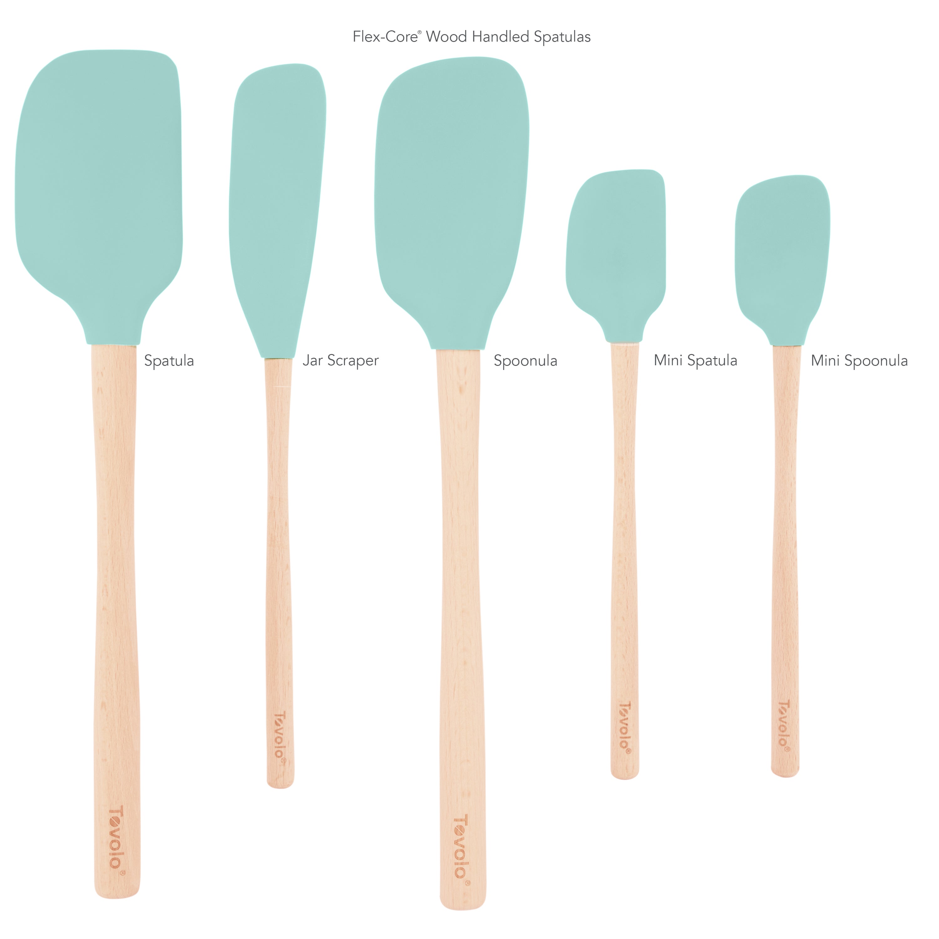 The Flex-Core Wood-Handle Spatula Set of 5 is shown in a row, featuring kitchen utensils with mint green silicone heads and wooden handles: Classic Spatula, Jar Scraper, Spoonula, Mini Spatula, and Mini Spoonula.