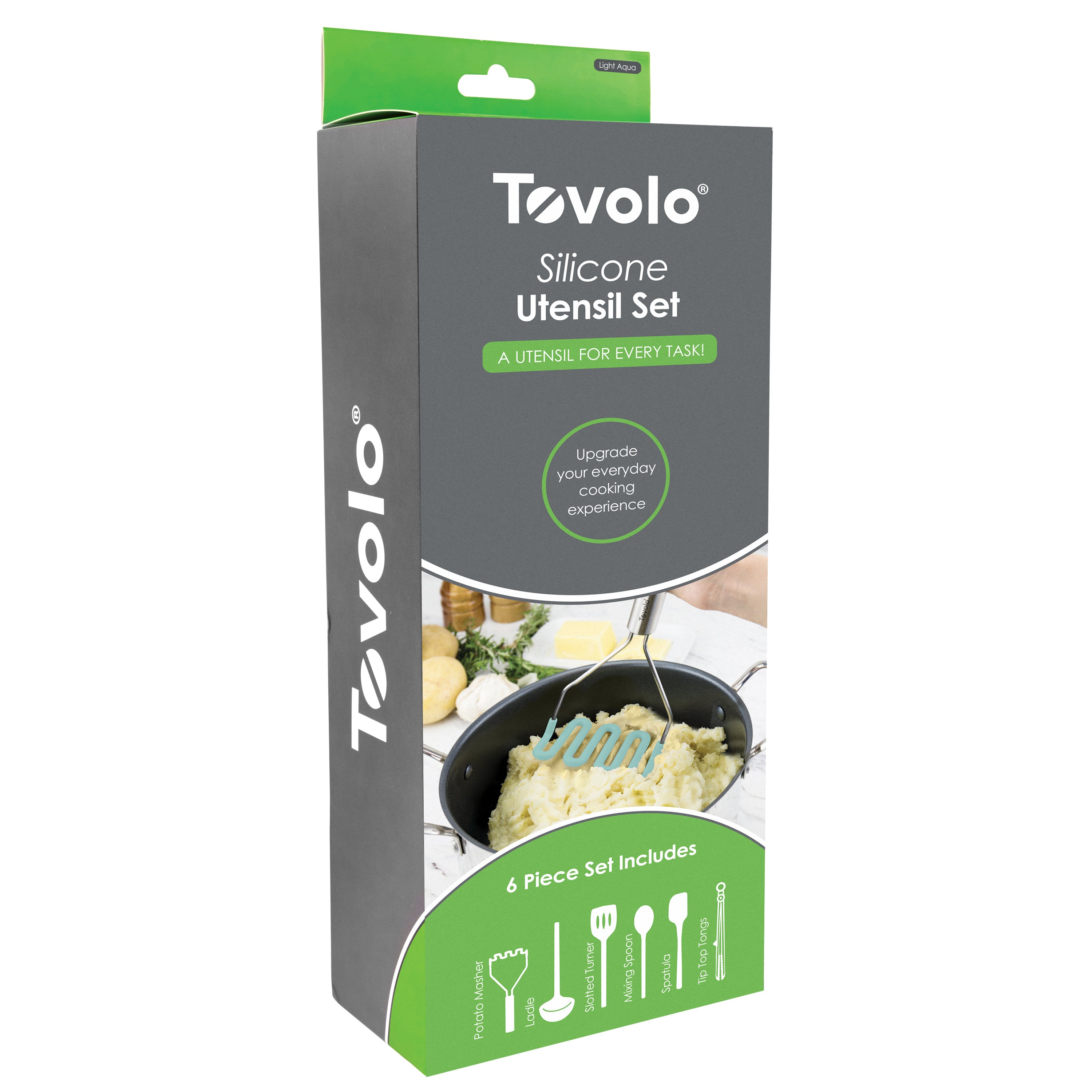 A green and gray box labeled "Silicone Utensil Set of 6" shows heat resistant, non-scratch silicone utensils and mashed potatoes. Packaging lists spatula, spoon, masher, and highlights versatility for all kitchen tasks.