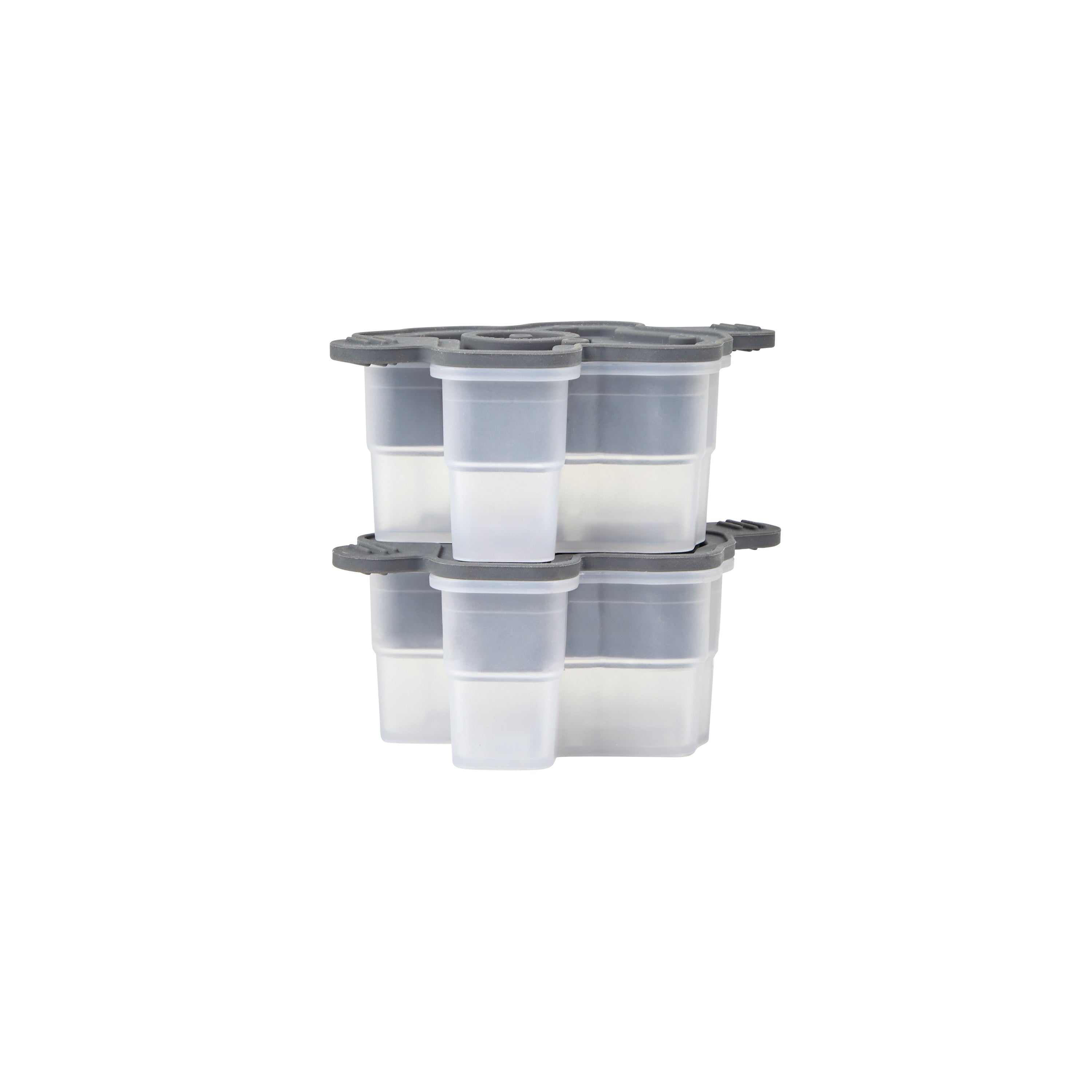 Two stacks of rectangular, clear plastic food storage containers with dark gray lids are arranged one on top of the other against a white background—perfect for organizing your Texas Ice Mold in the kitchen.