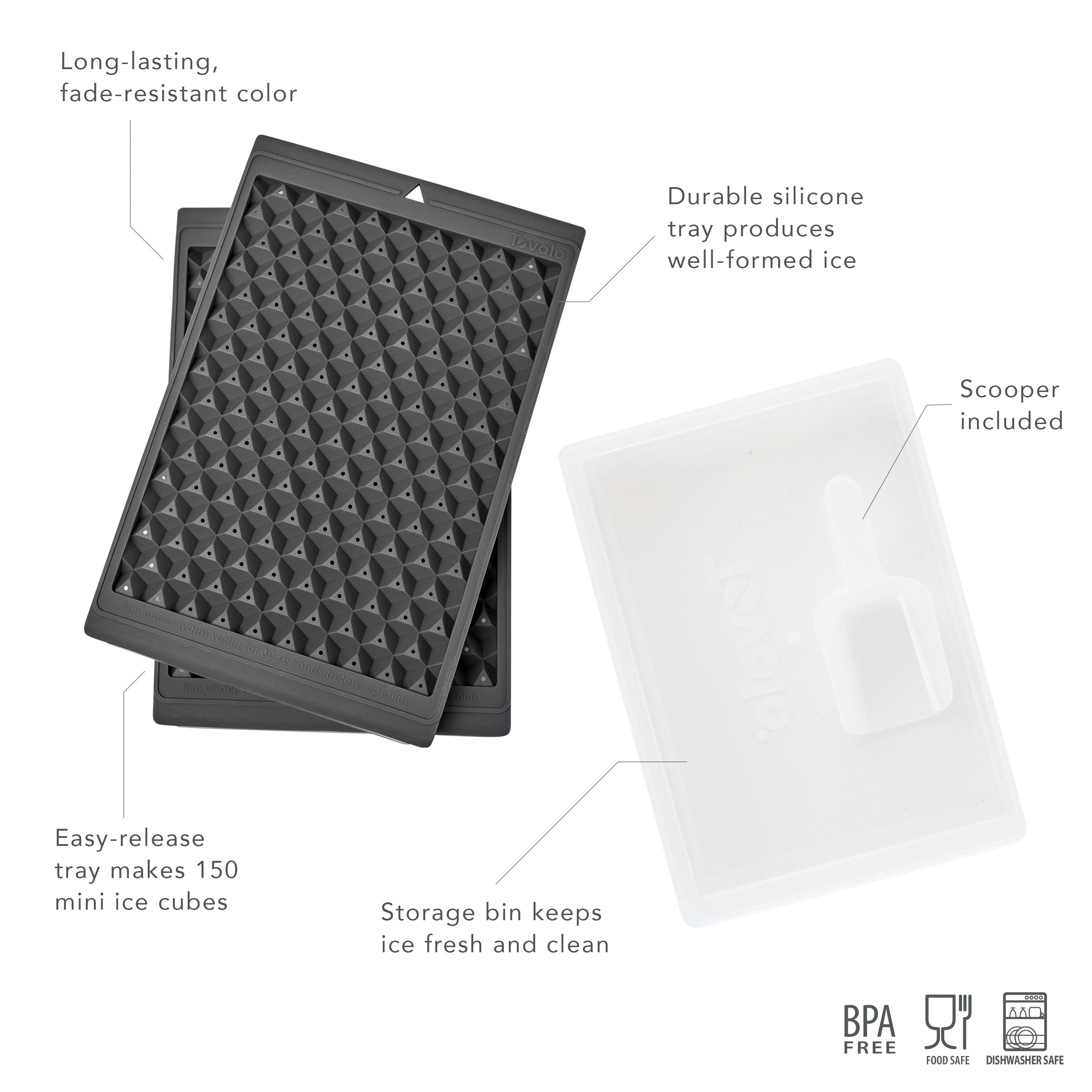 Twist and Release Mini Ice includes two black silicone mini ice trays that stack on a clear storage bin with scooper. Features quick freeze, easy-release, BPA-free trays, and makes up to 150 mini ice cubes.
