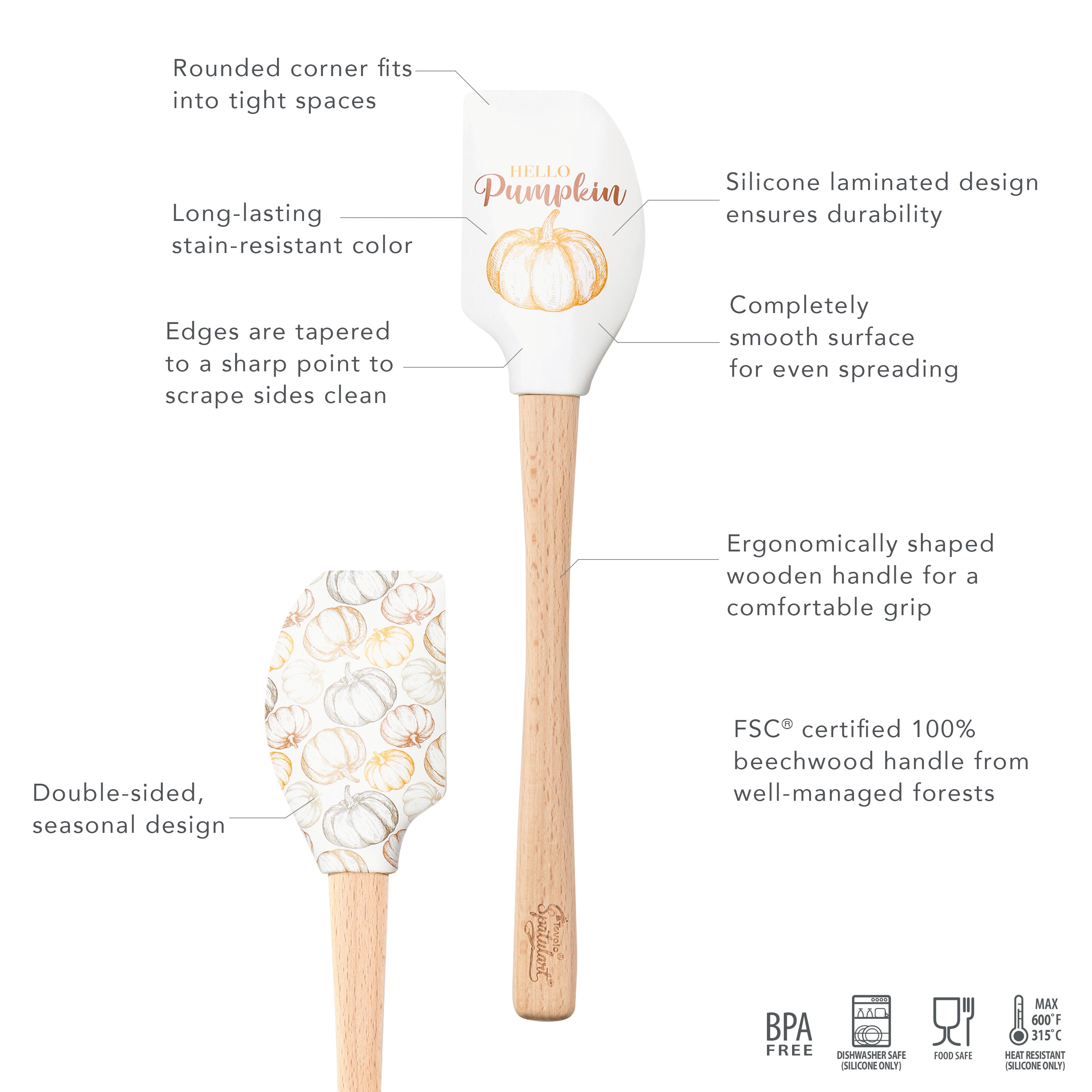 The Autumn Spatulart set includes two silicone spatulas with pumpkin designs and ergonomic wood handles; they're BPA-free, food-safe, FSC certified, and have smooth, durable silicone surfaces.