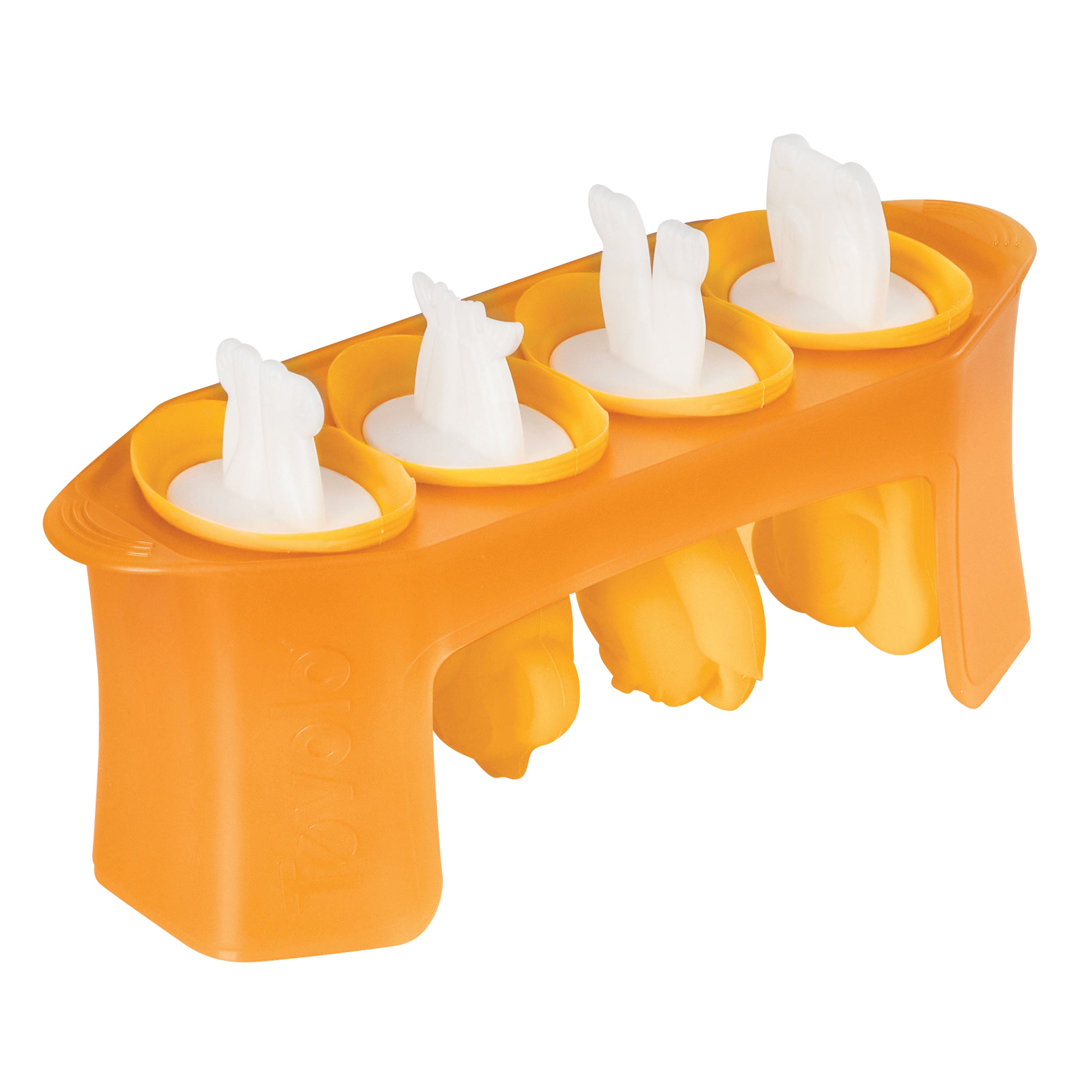 The Pop Molds tray comes in orange and includes four popsicle molds, each with a white rabbit-shaped handle, making it easy and fun to create homemade frozen treats with cute bunny ear handles.