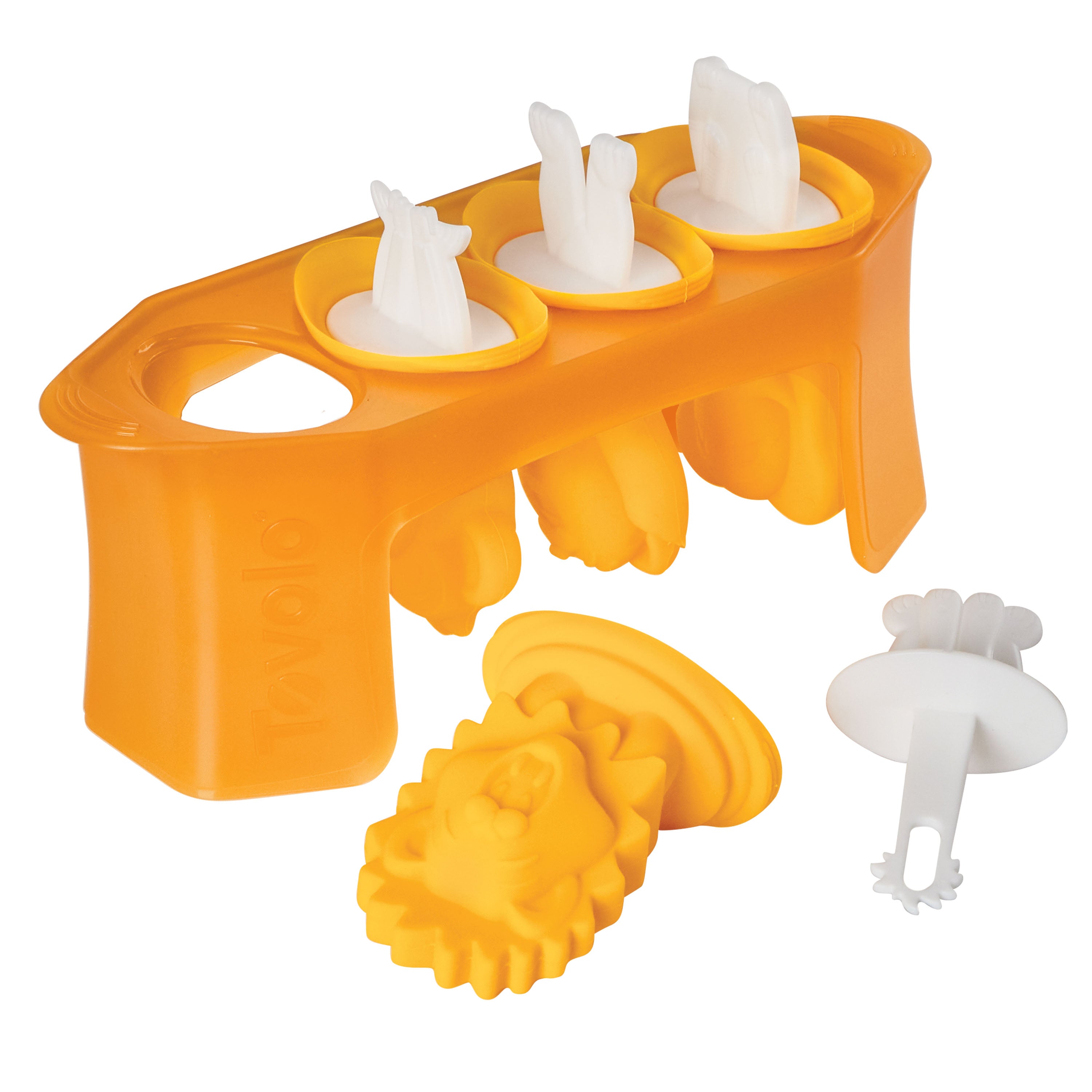 An orange Pop Molds slimline tray with four slots holds three inserted molds and one removed, showing a yellow rooster-shaped mold with a white handle. The tray features an open handle on its side for easy carrying.