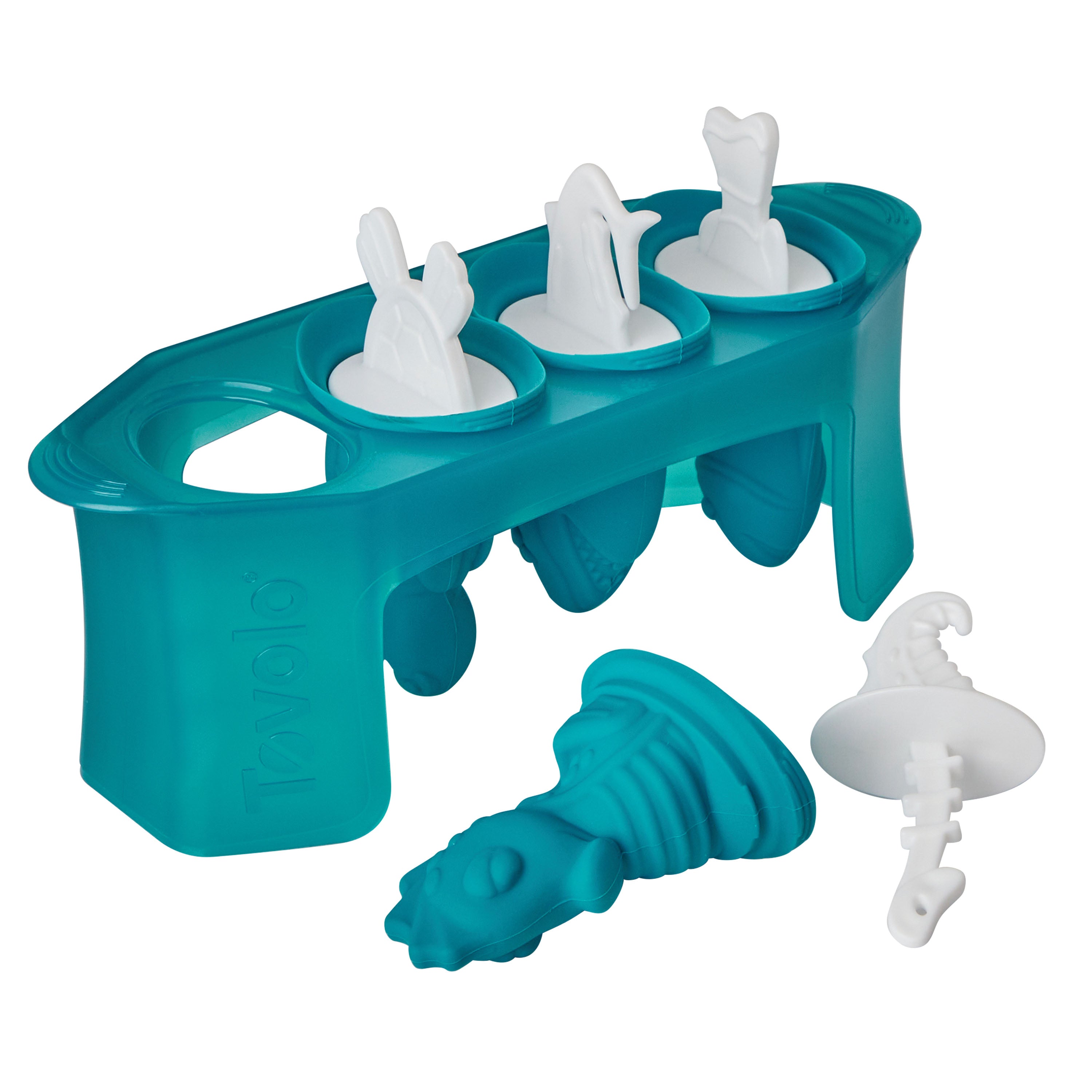 The Pop Molds set includes a teal silicone slim tray with three popsicle molds. Each mold has a white handle shaped like a shark, dolphin, or fish tail, and one popsicle with a crocodile head handle is displayed in front.