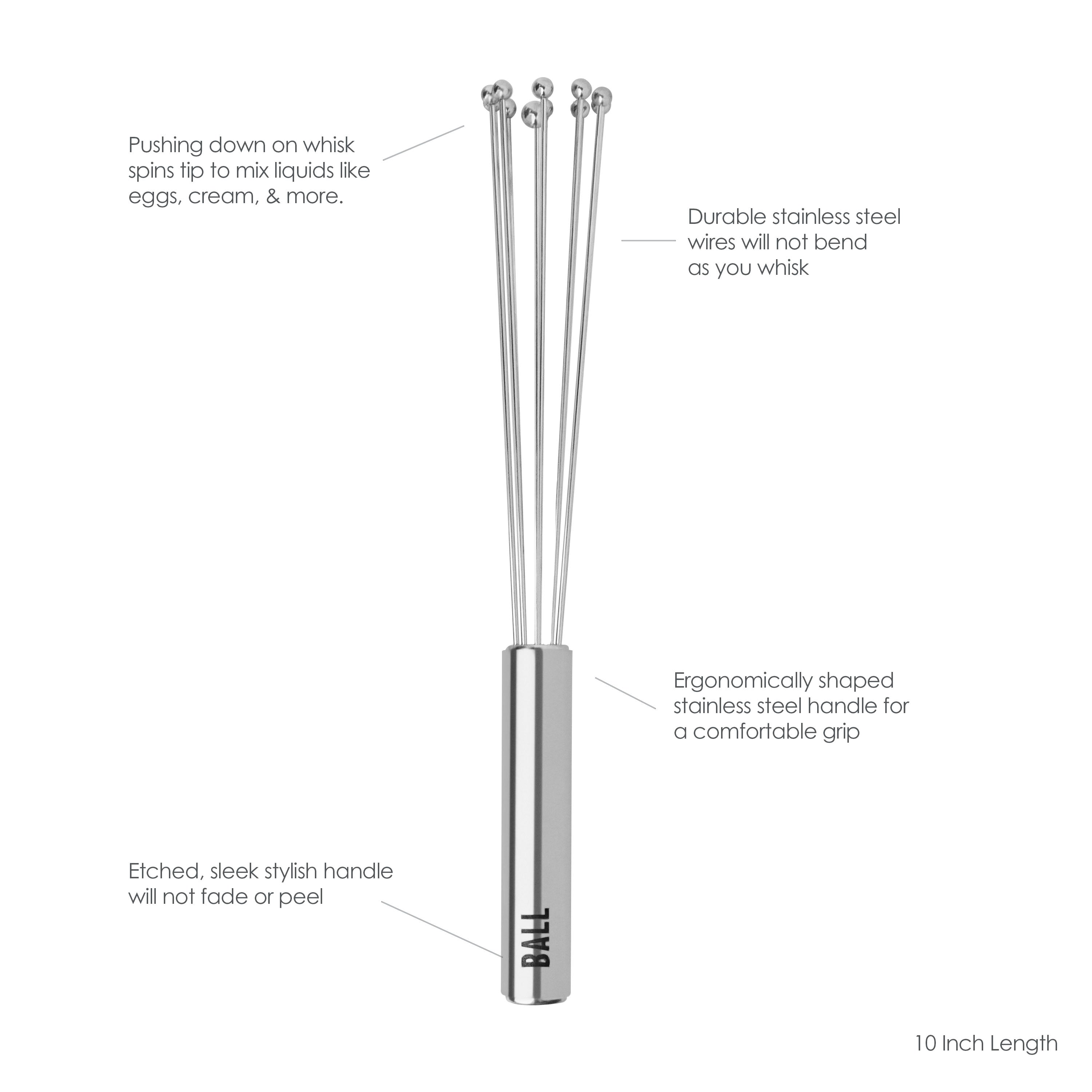 The Specialty Whisks 10-inch push whisk has durable stainless steel wires, an ergonomic handle, and a stylish etched finish. It spins to mix liquids easily and resists fading, bending, or peeling.