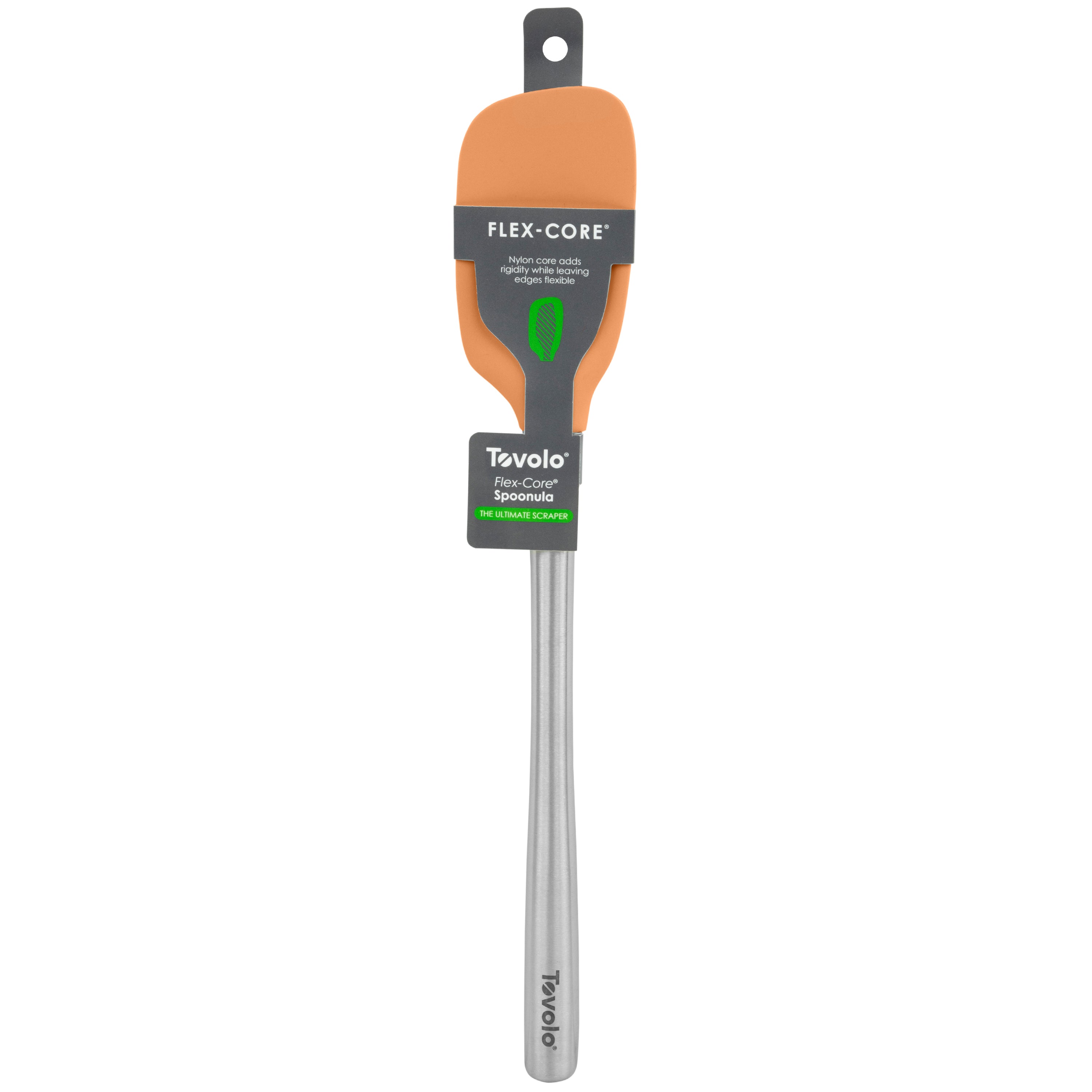 A new orange silicone Flex-Core Spoonula with a stainless steel handle, labeled Tovolo. Ergonomic design with packaging attached near the top of the handle.