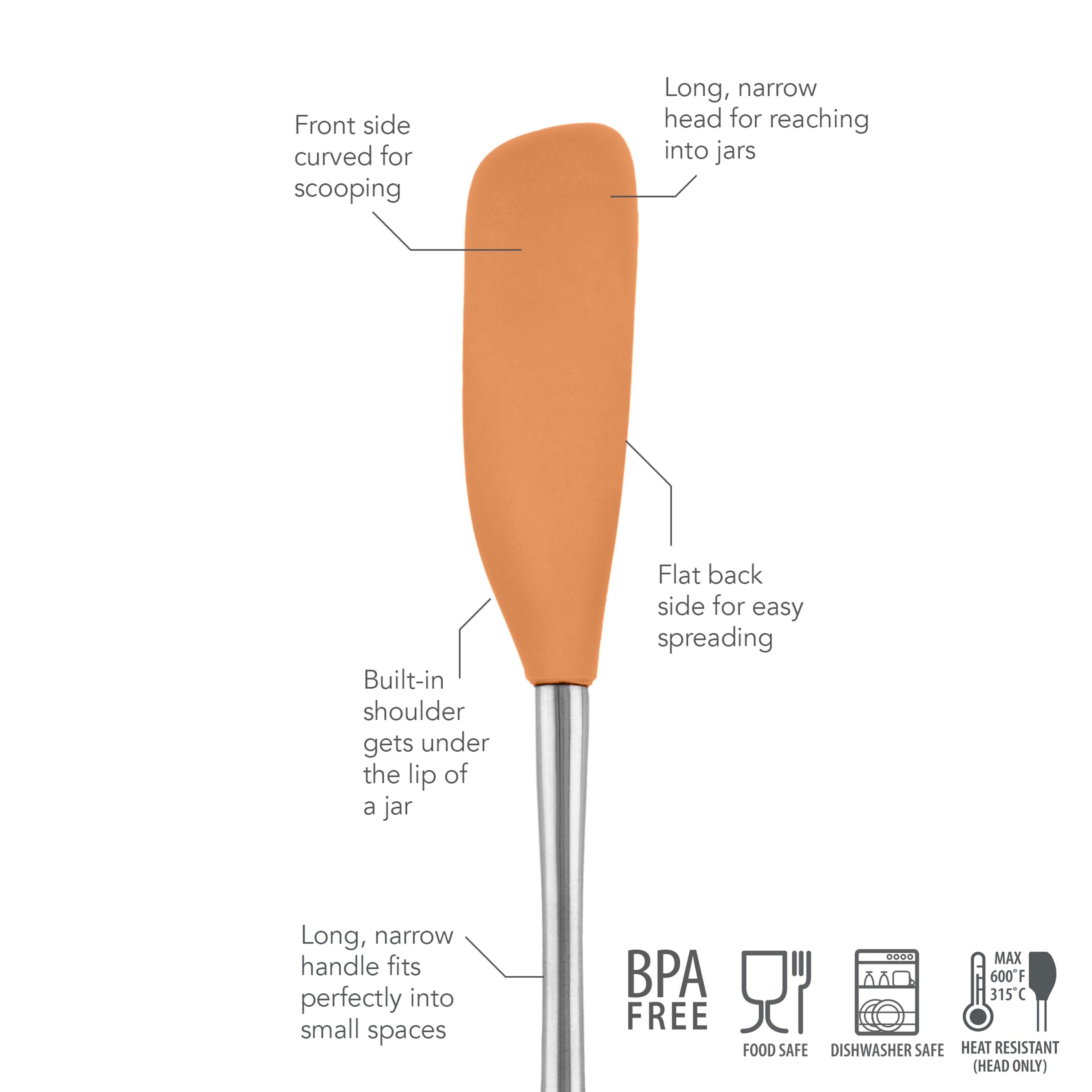 The Flex-Core Jar Scraper is an orange silicone kitchen tool with a long, narrow head for jars, flat back for spreading, built-in jar scraper, and slim handle; it's BPA free, food safe, dishwasher safe, and heat resistant.
