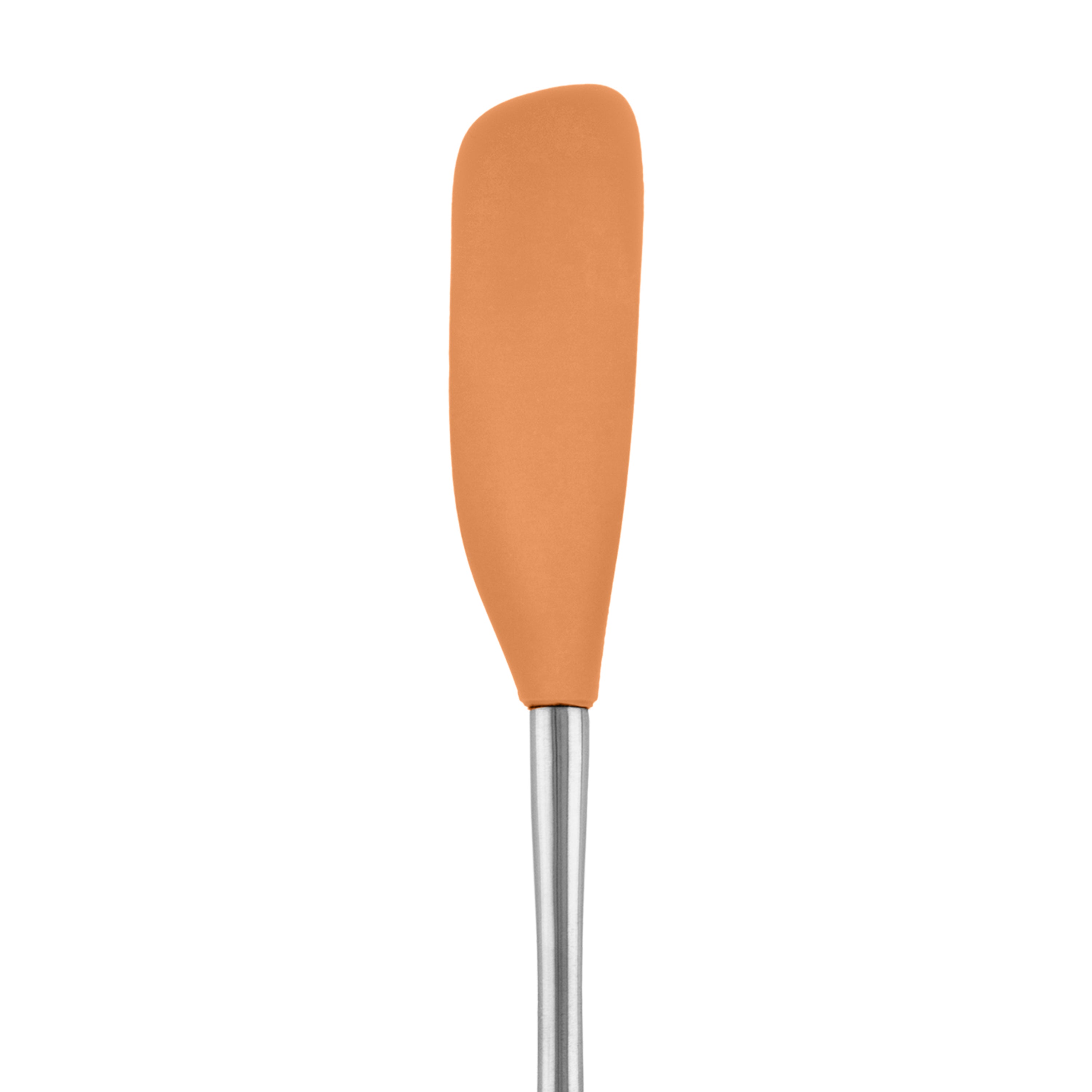 The Flex-Core Jar Scraper is a versatile kitchen tool with an orange, narrow rectangular silicone blade and a silver metal handle, shown upright against a white background.