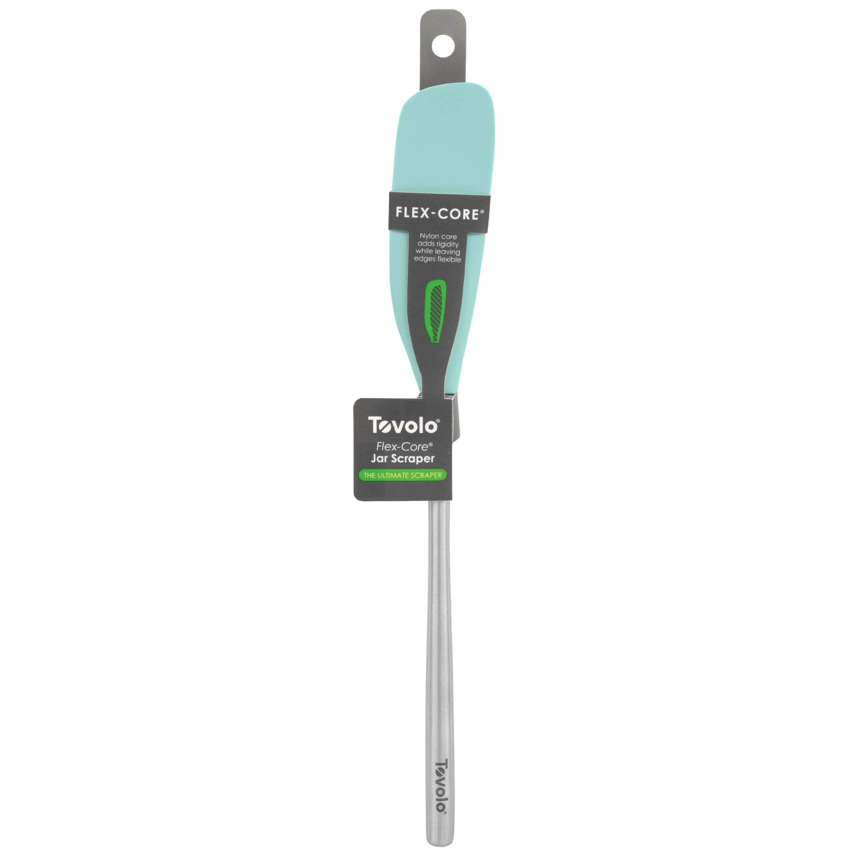 A teal Flex-Core Jar Scraper with a stainless steel handle and product tag near the silicone spatula head is displayed on a white background.